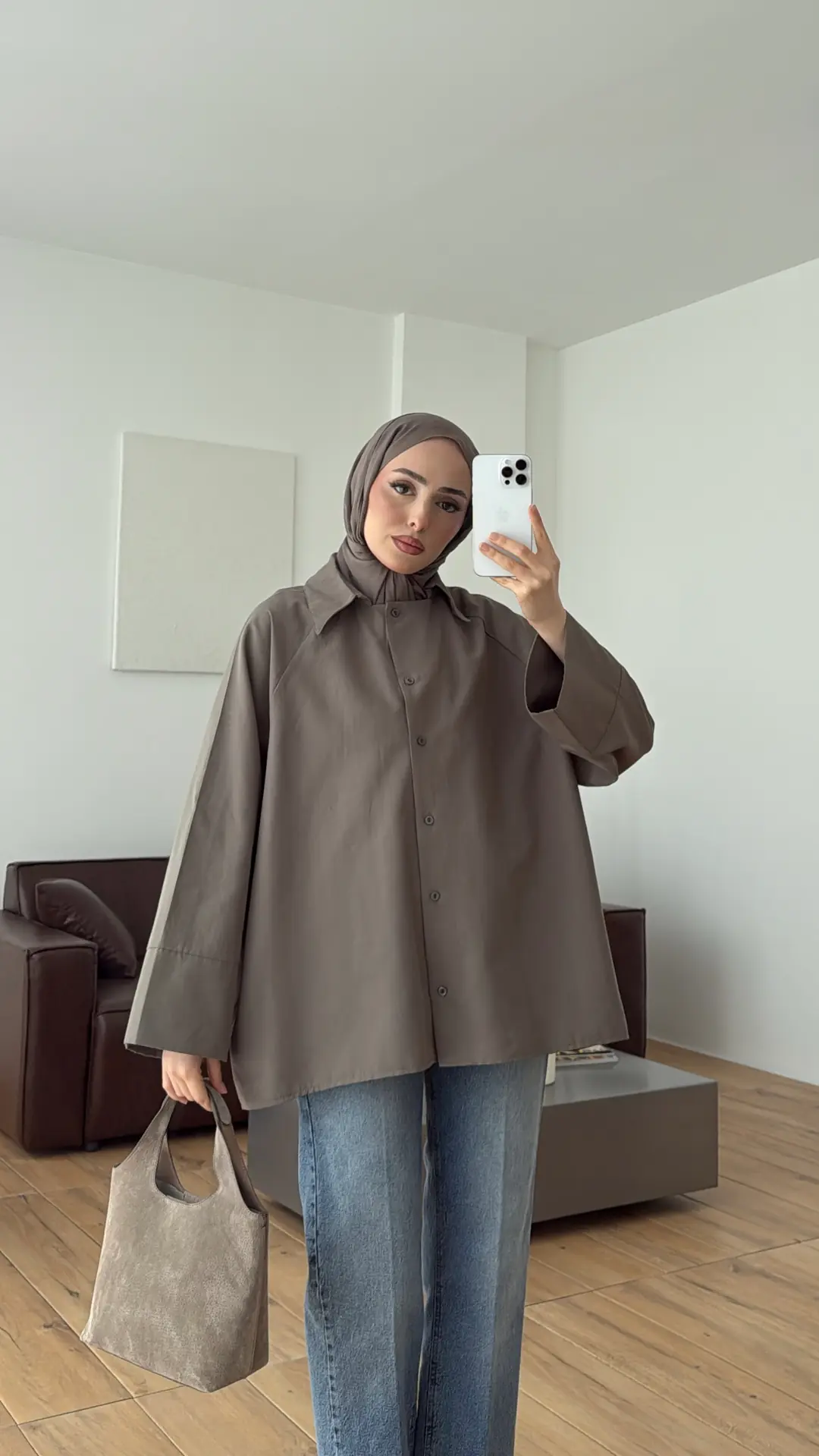 Kalın Manşetli Oversize Gömlek Vizon