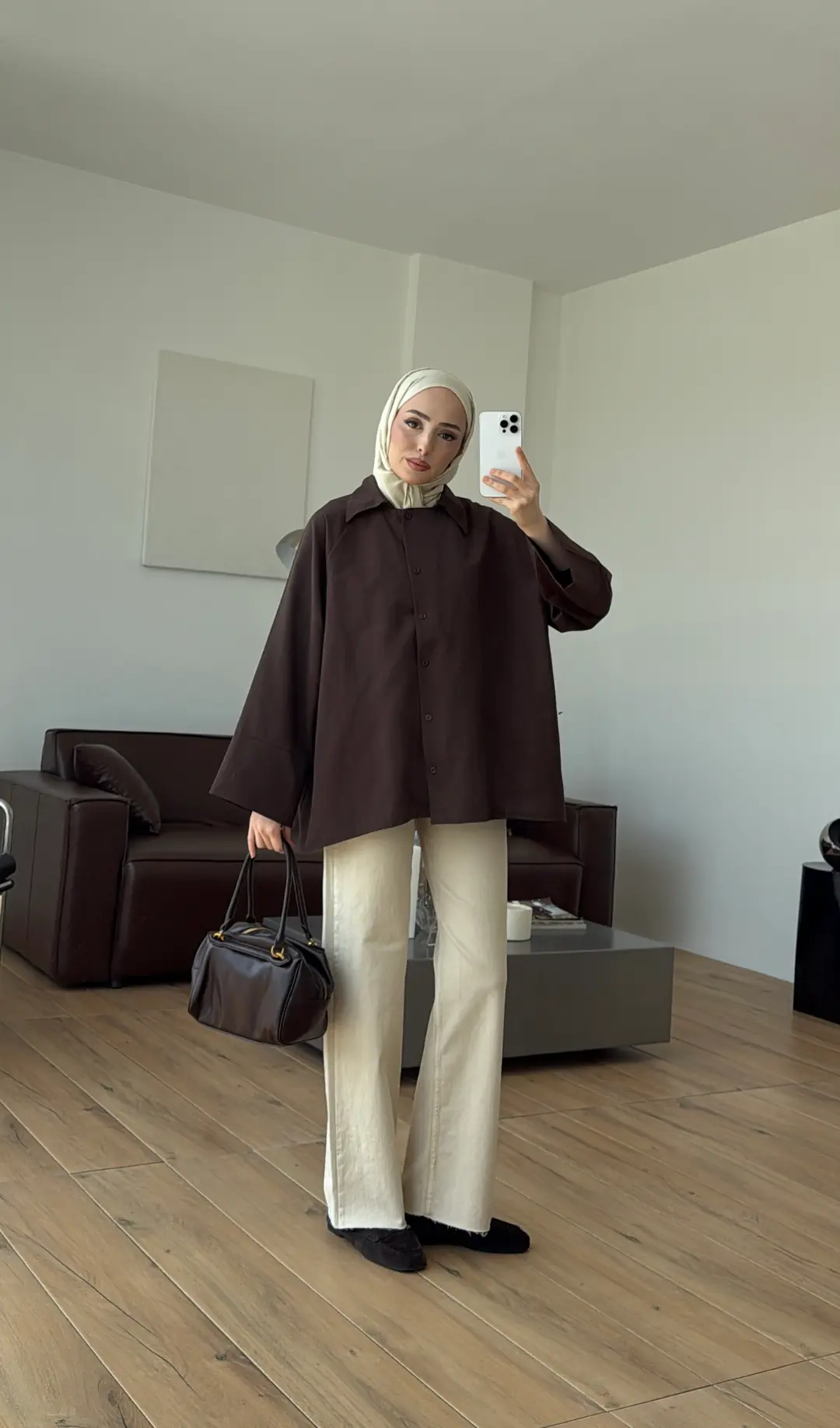 Kalın Manşetli Oversize Gömlek Kahve