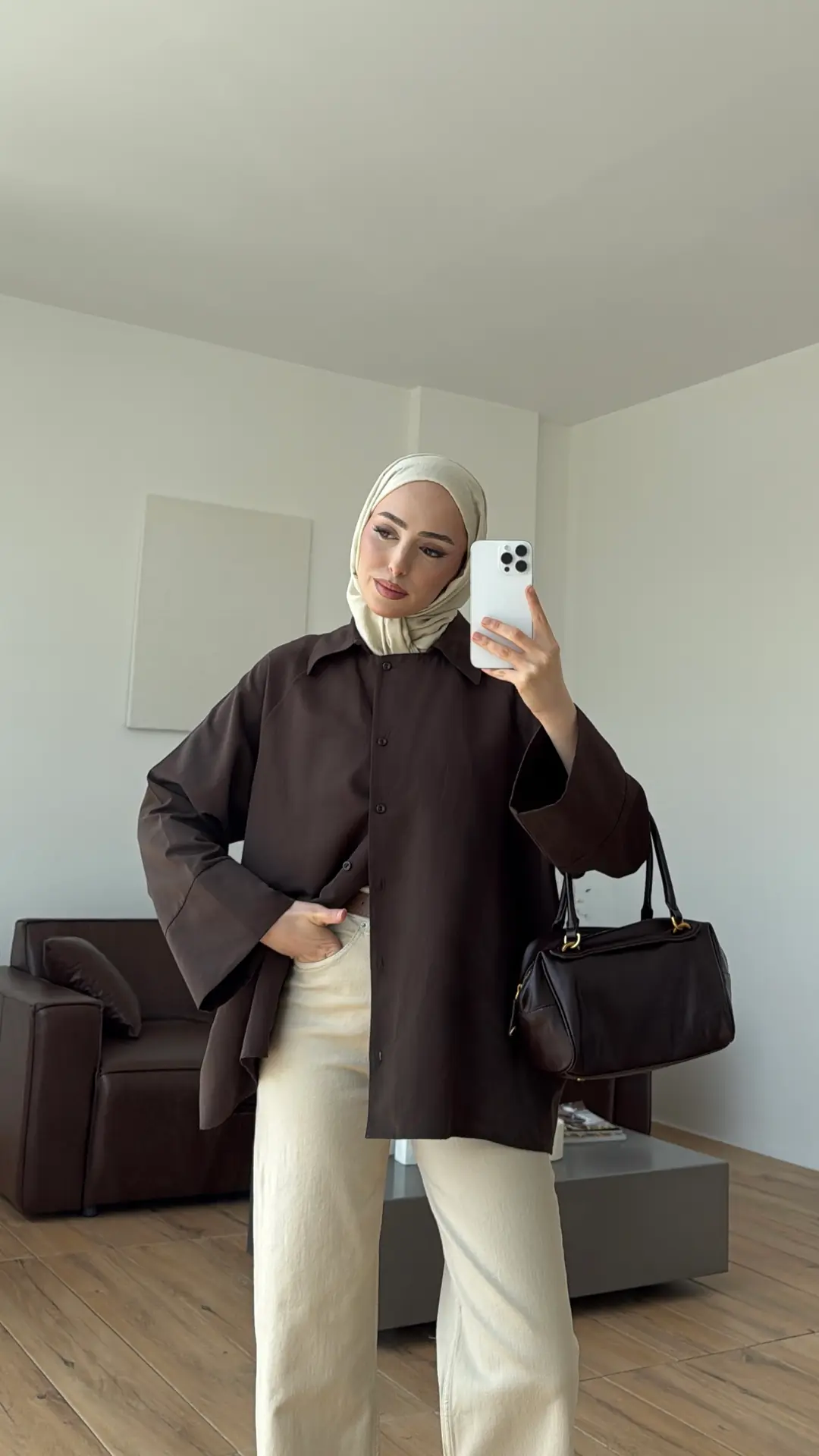 Kalın Manşetli Oversize Gömlek Kahve