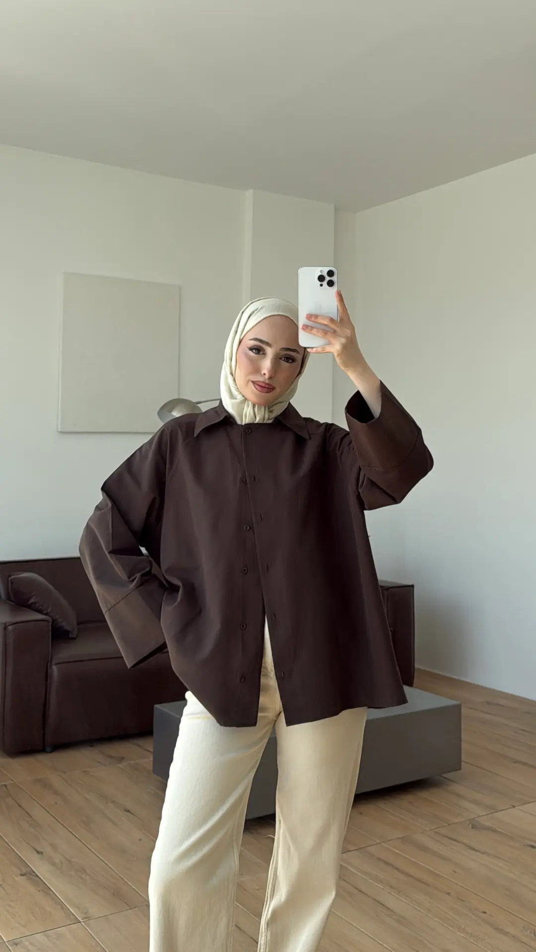 Kalın Manşetli Oversize Gömlek Kahve