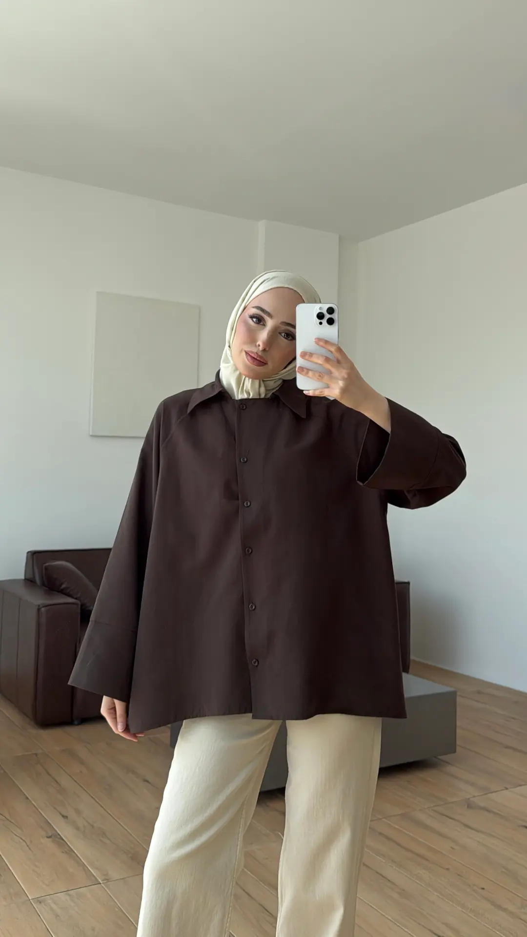 Kalın Manşetli Oversize Gömlek Kahve