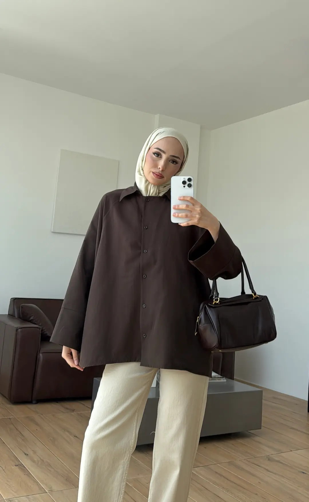Kalın Manşetli Oversize Gömlek Kahve