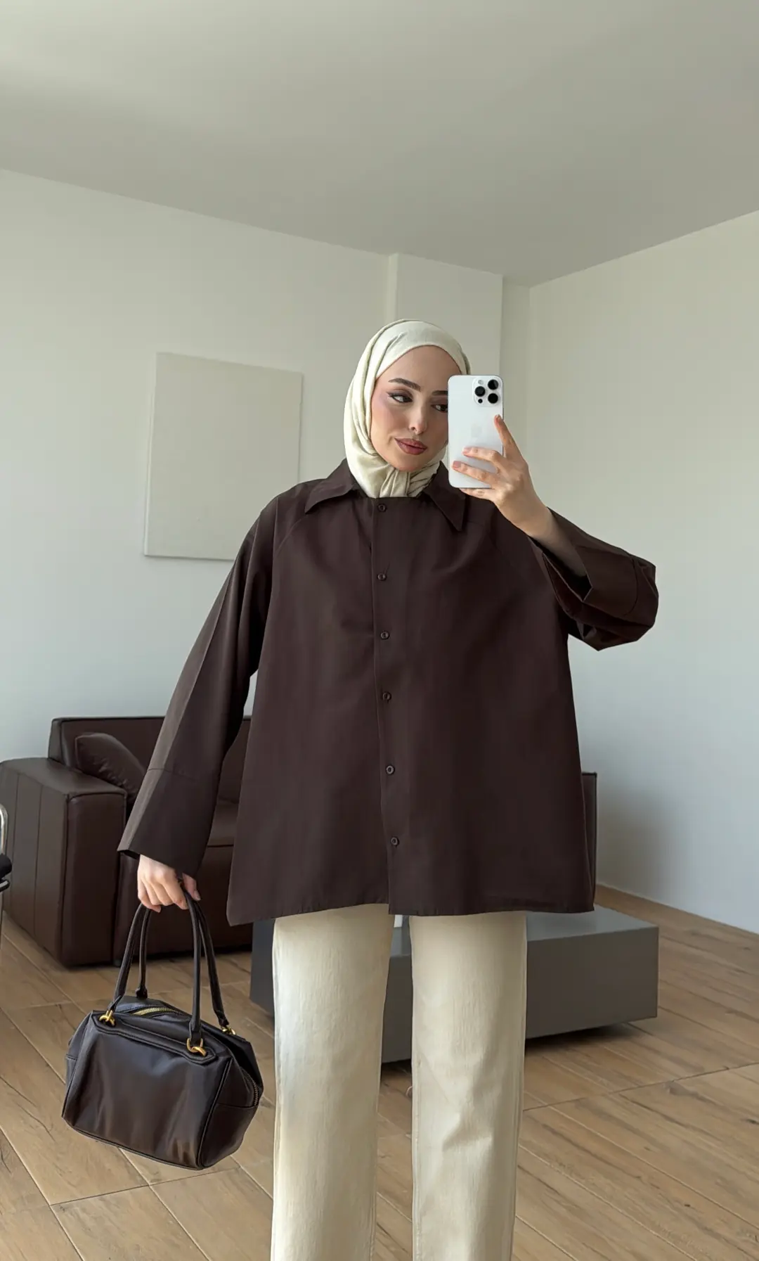 Kalın Manşetli Oversize Gömlek Kahve