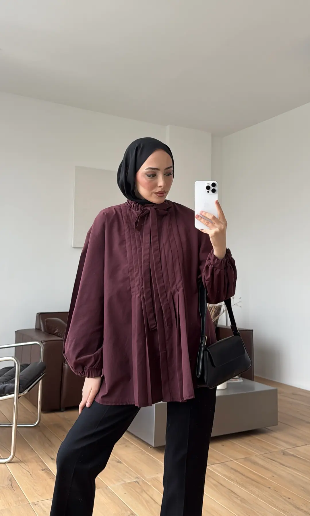 Pile Detaylı Kolları Lastikli Gömlek Bordo
