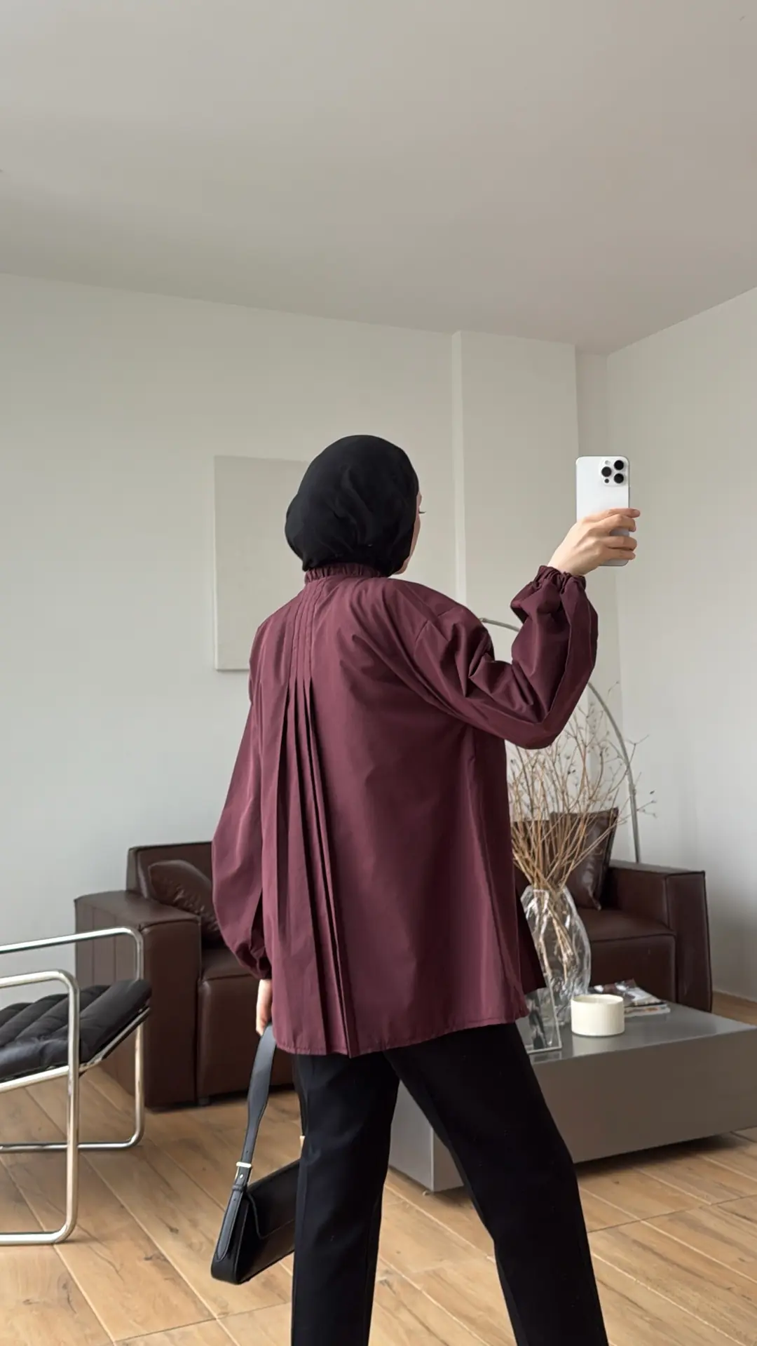 Pile Detaylı Kolları Lastikli Gömlek Bordo
