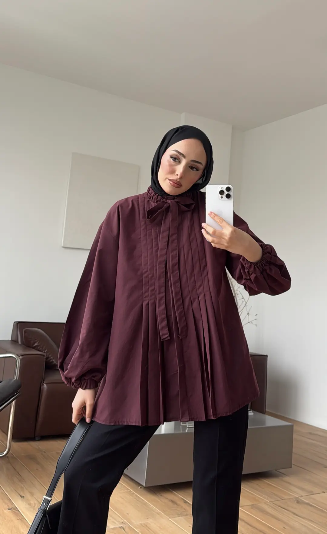 Pile Detaylı Kolları Lastikli Gömlek Bordo