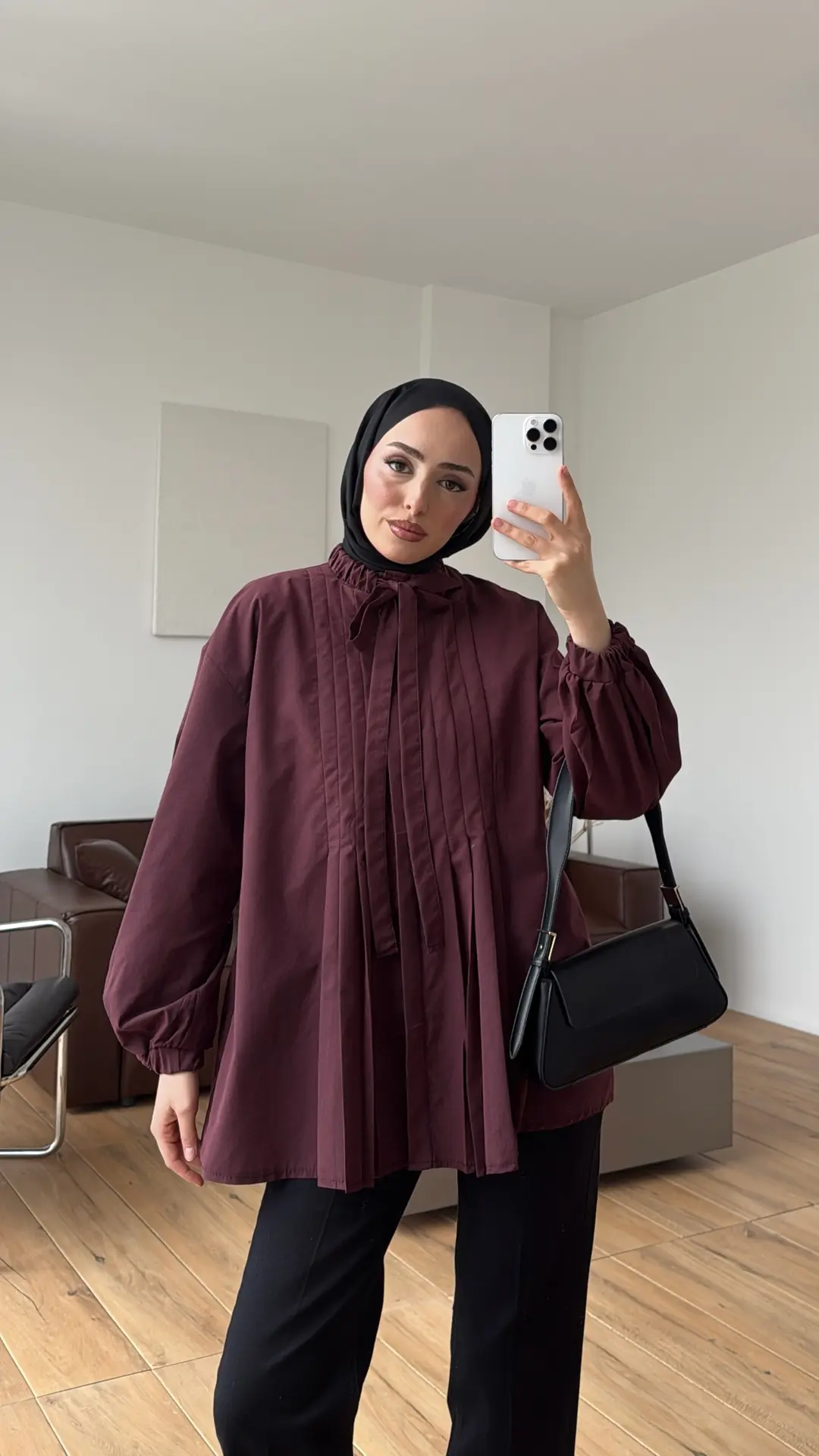 Pile Detaylı Kolları Lastikli Gömlek Bordo