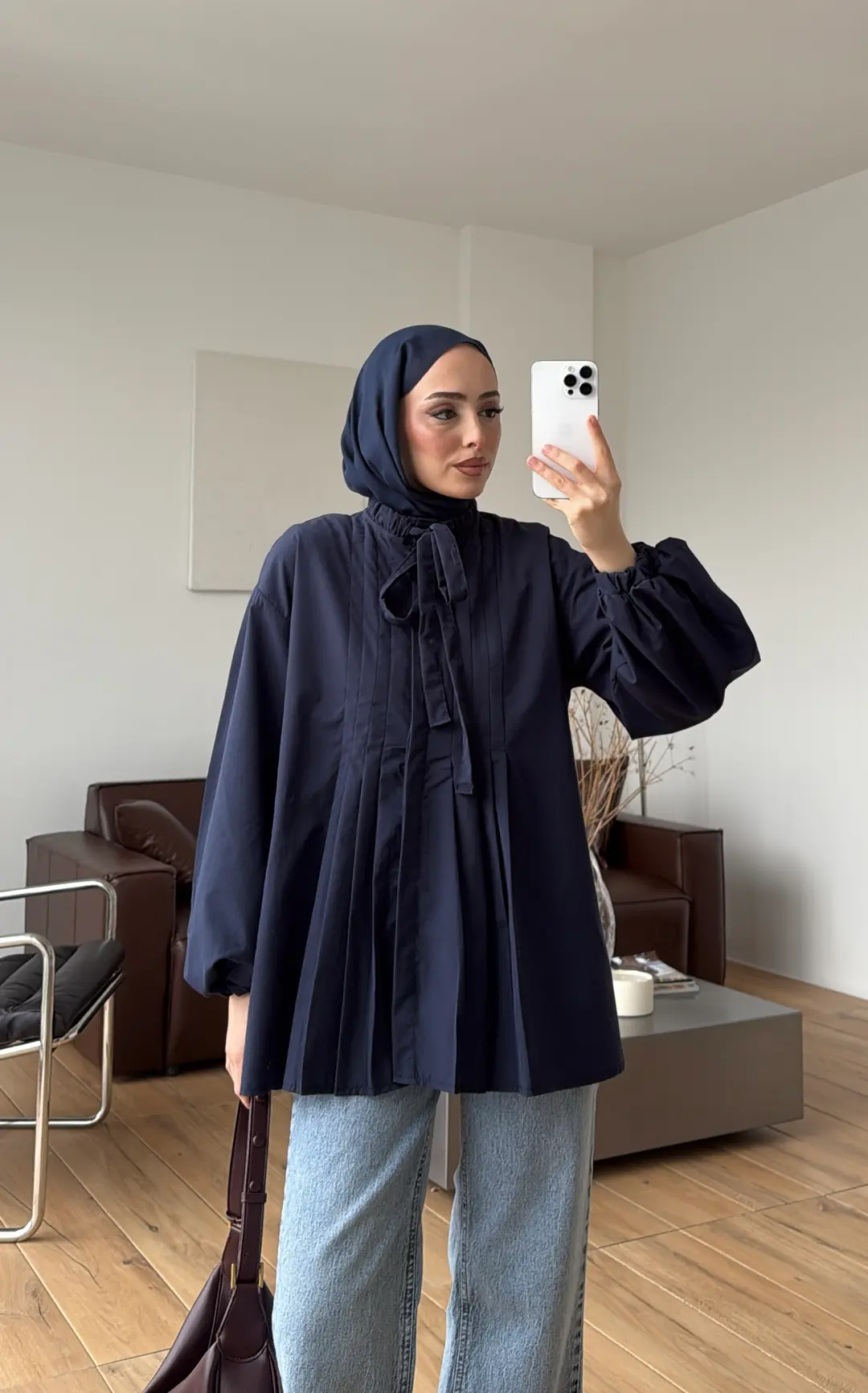 Pile Detaylı Kolları Lastikli Gömlek Lacivert