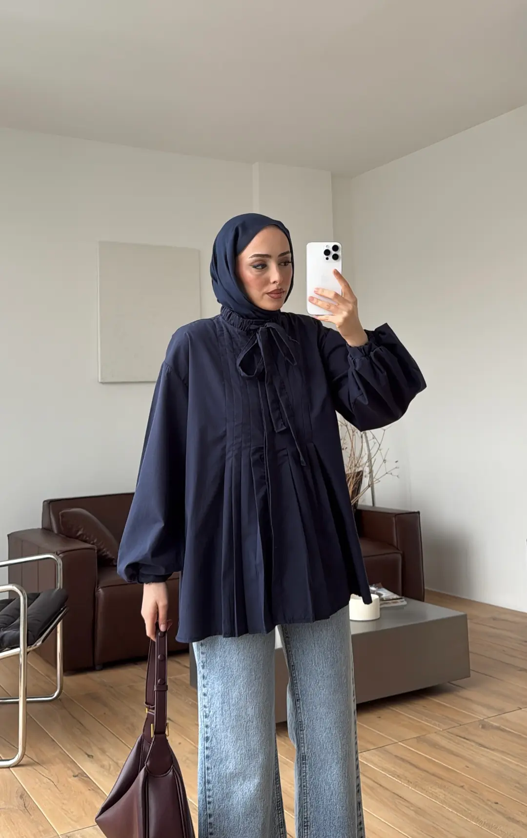Pile Detaylı Kolları Lastikli Gömlek Lacivert