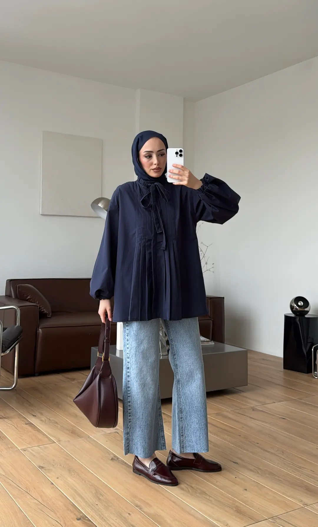 Pile Detaylı Kolları Lastikli Gömlek Lacivert