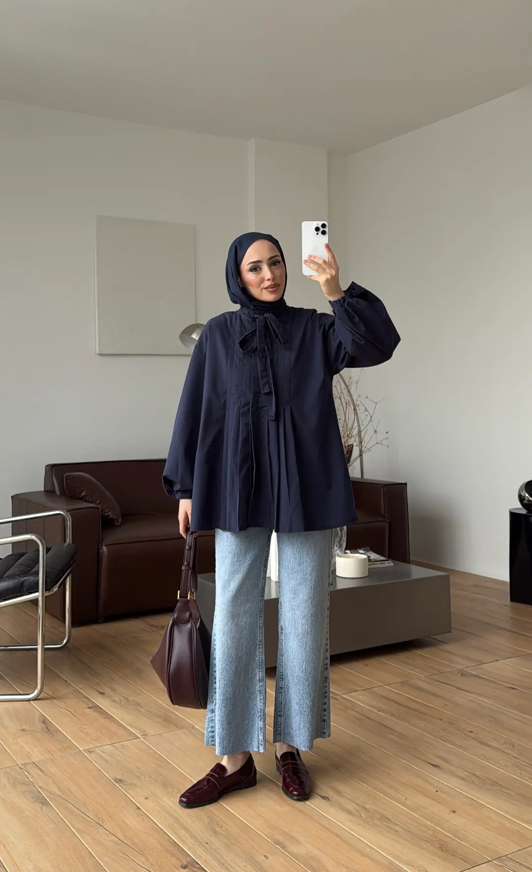 Pile Detaylı Kolları Lastikli Gömlek Lacivert