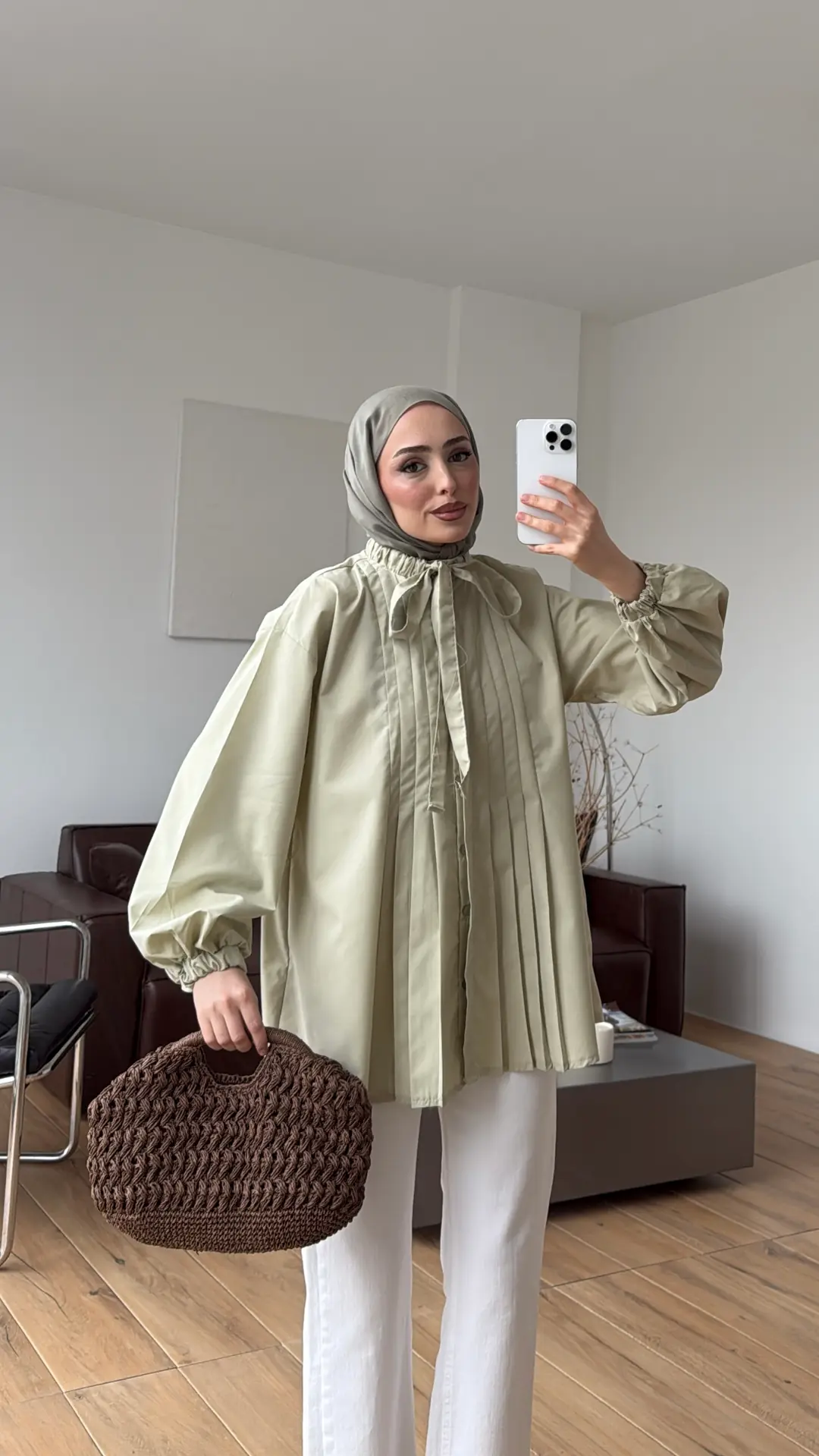 Pile Detaylı Kolları Lastikli Gömlek Küf Yeşili