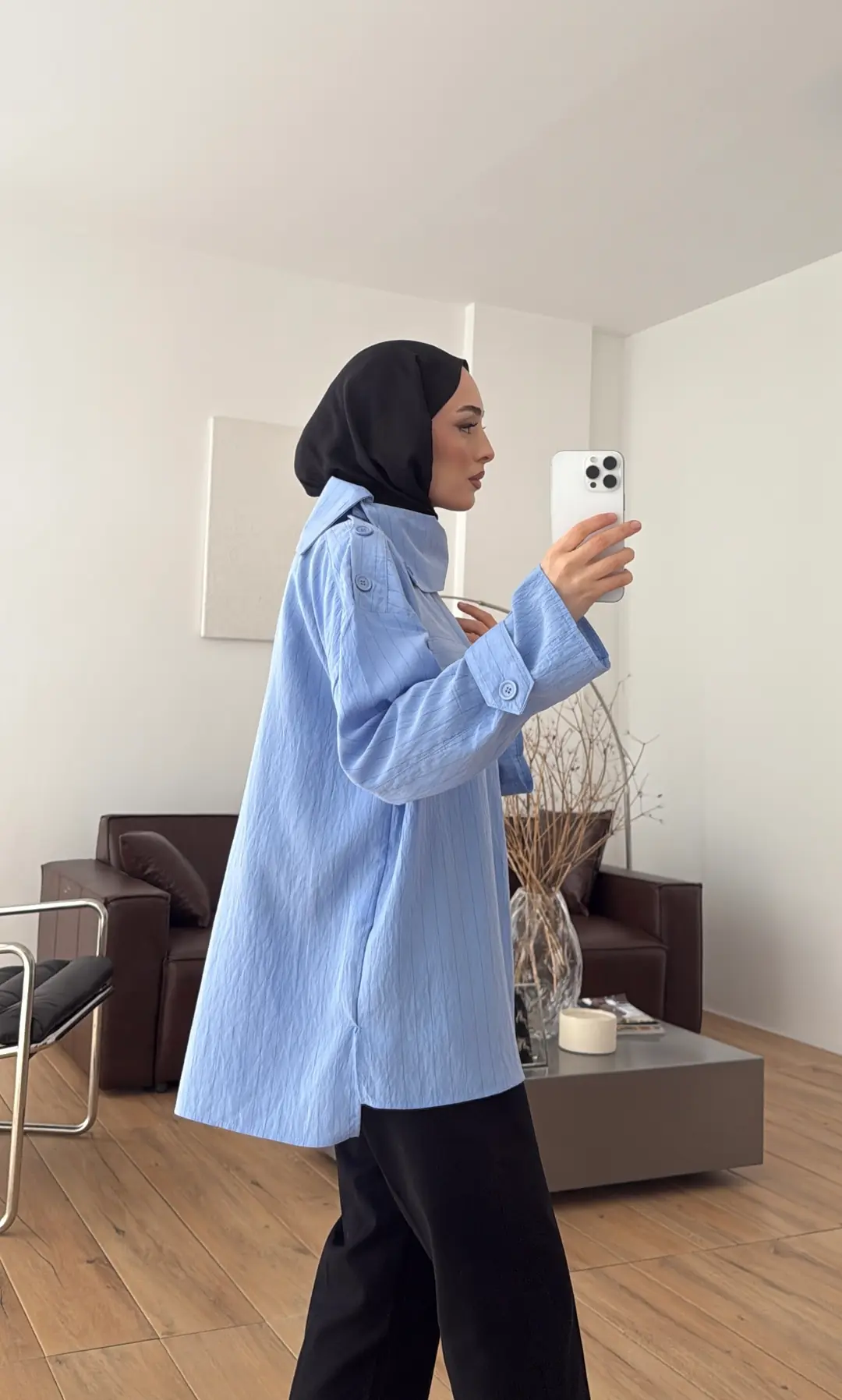 Yakası Düğme Detaylı Çizgili Gömlek Mavi