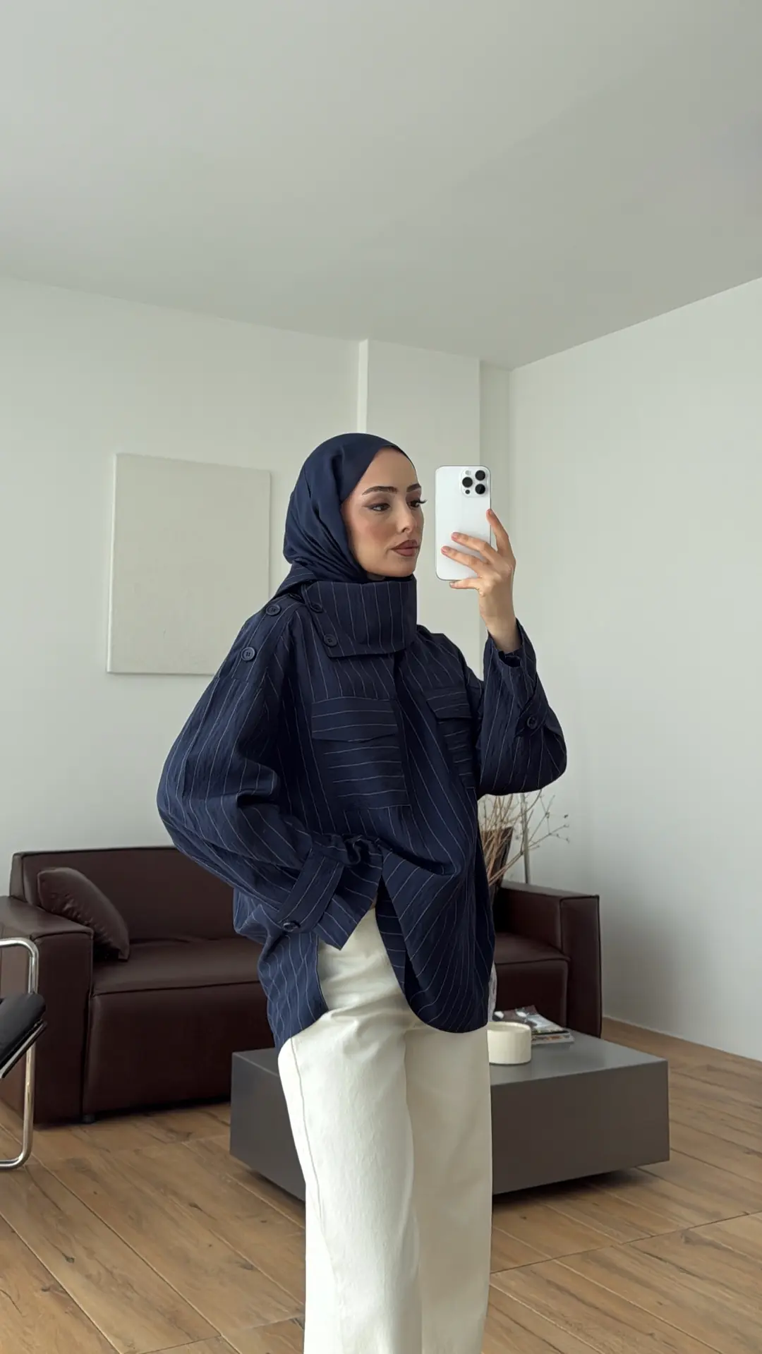Yakası Düğme Detaylı Çizgili Gömlek Lacivert