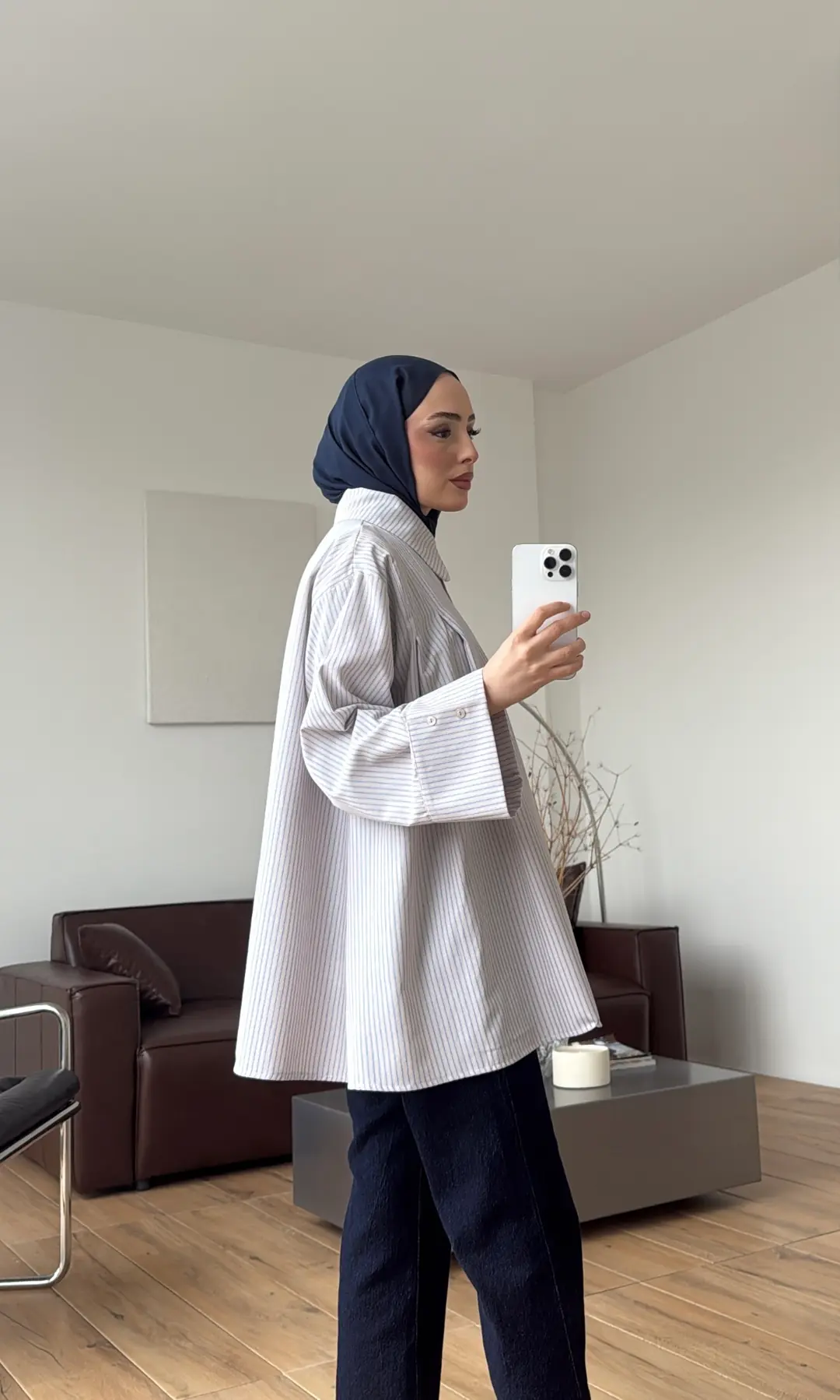 Volanlı Çizgili Gömlek Vizon/Lacivert