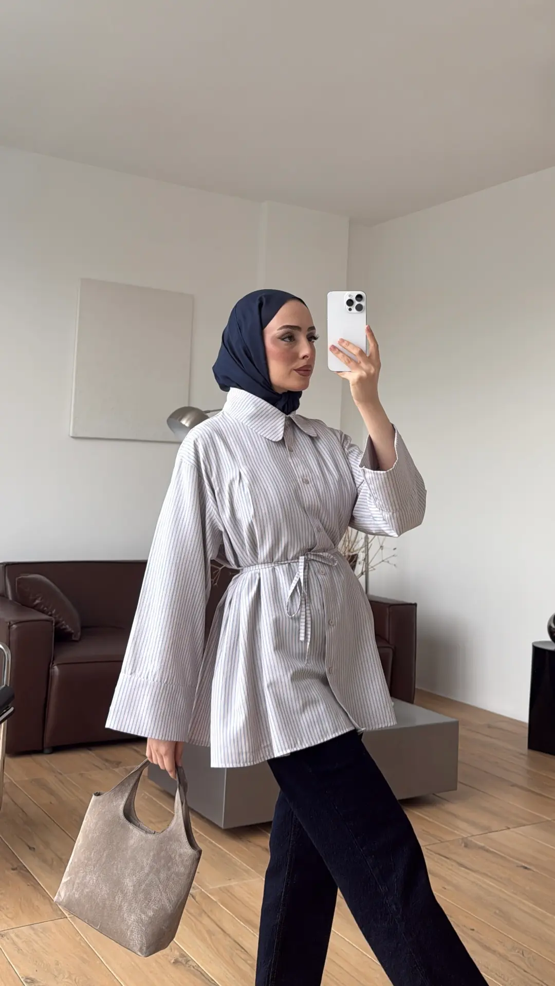 Volanlı Çizgili Gömlek Vizon/Lacivert