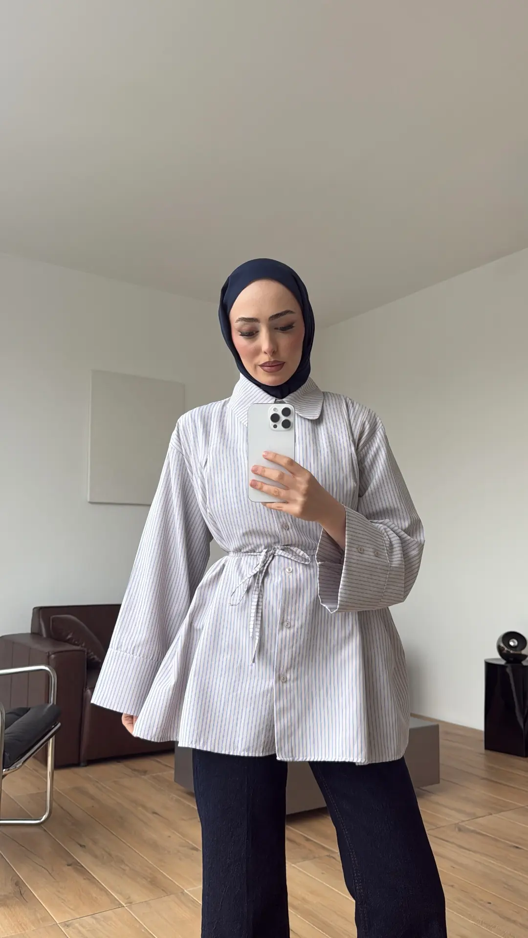 Volanlı Çizgili Gömlek Vizon/Lacivert