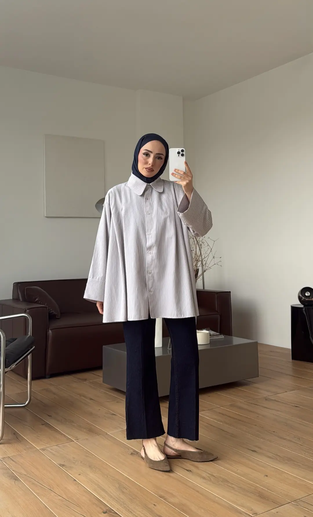 Volanlı Çizgili Gömlek Vizon/Lacivert