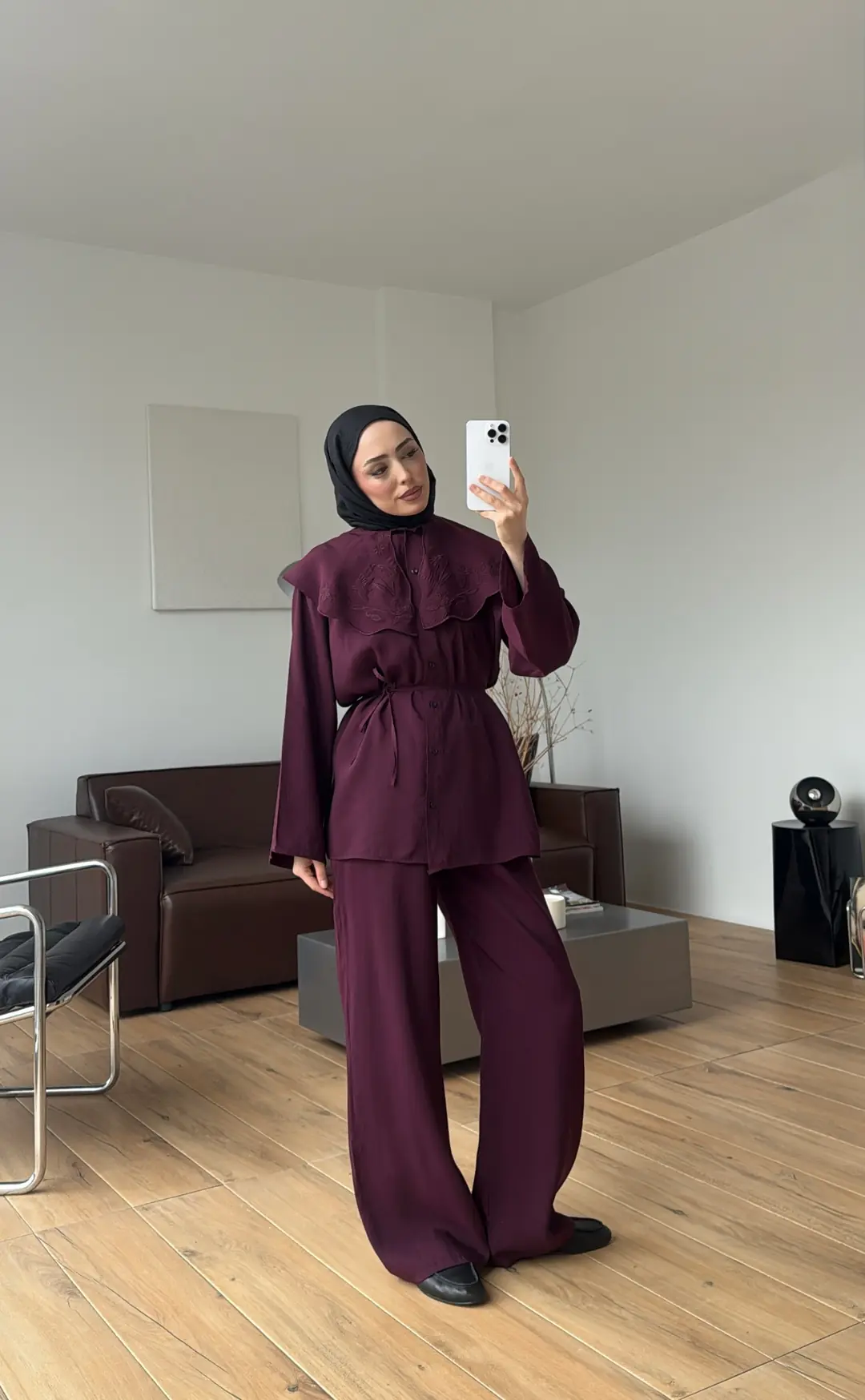 Nakışlı Mendil Yaka Takım Bordo