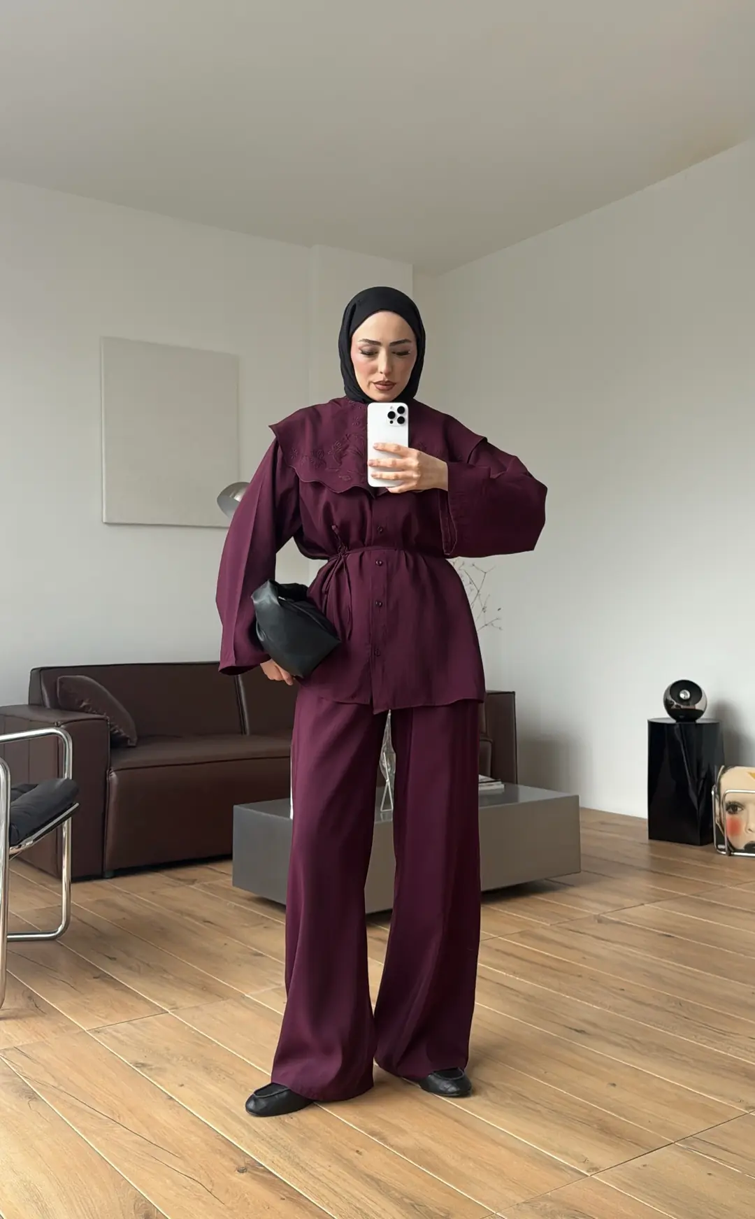 Nakışlı Mendil Yaka Takım Bordo