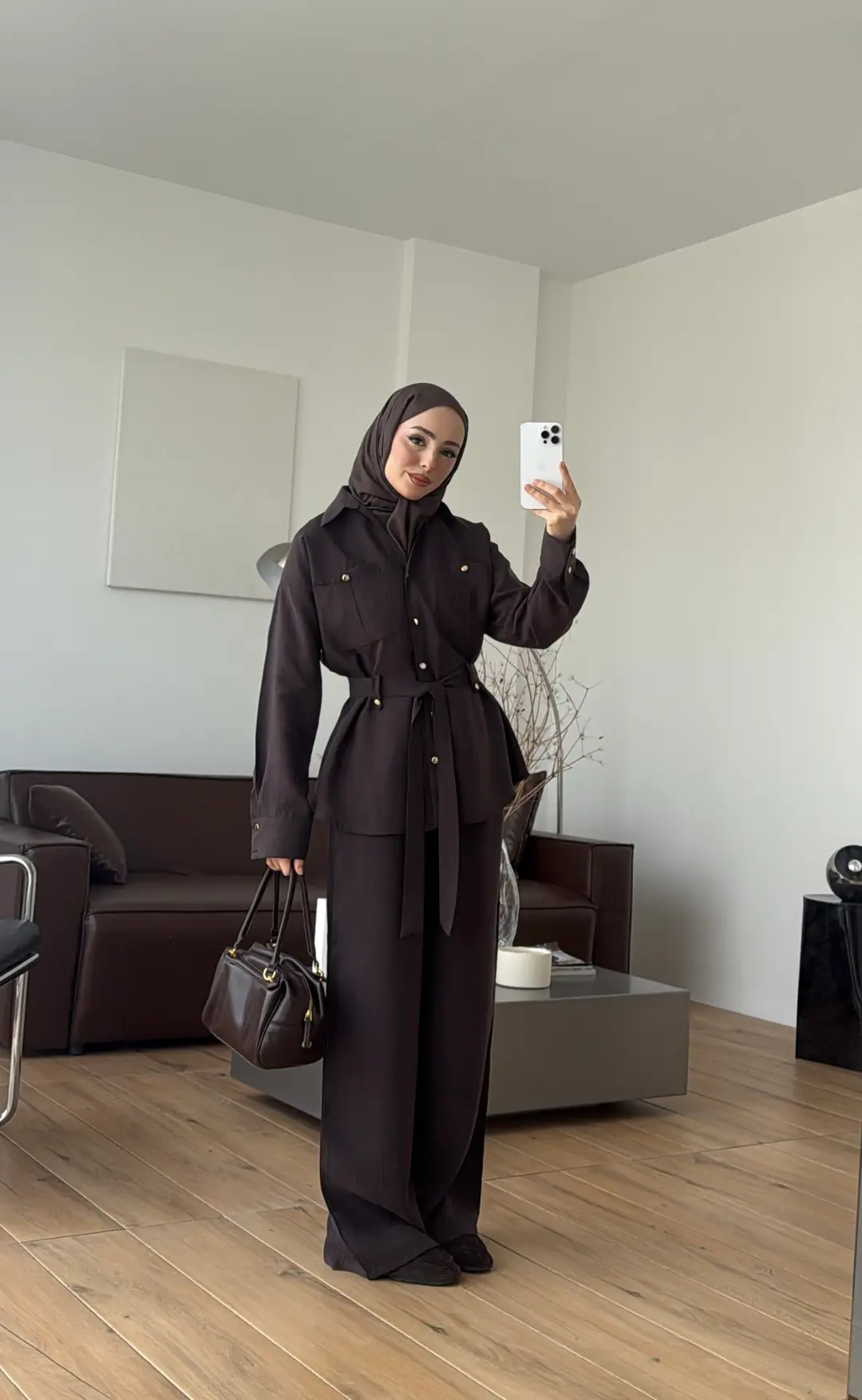 Tencel Bağlamalı Gömlek Pantolon Takım Kahve
