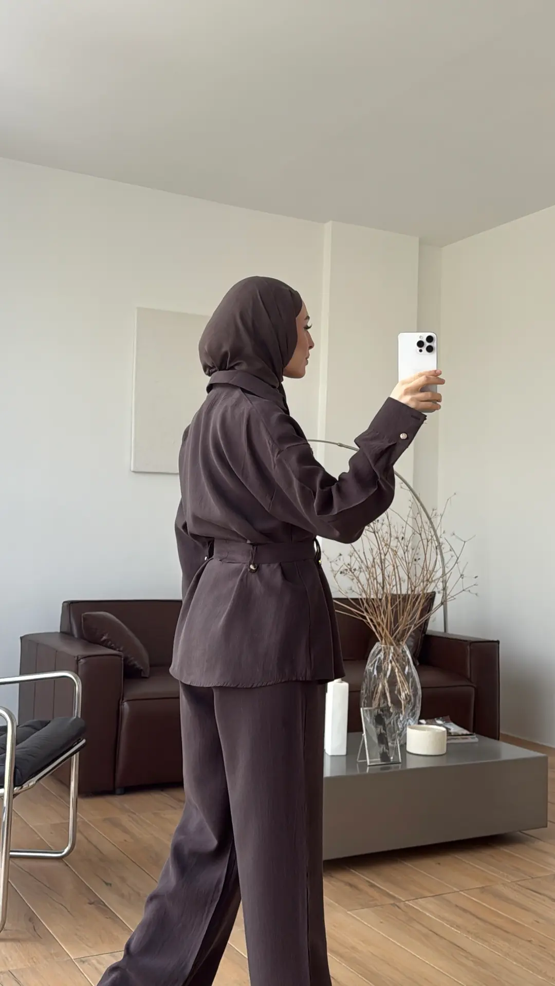 Tencel Bağlamalı Gömlek Pantolon Takım Kahve