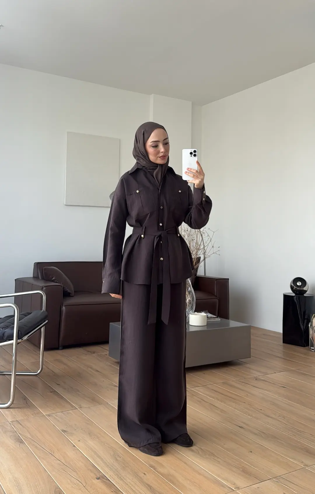 Tencel Bağlamalı Gömlek Pantolon Takım Kahve