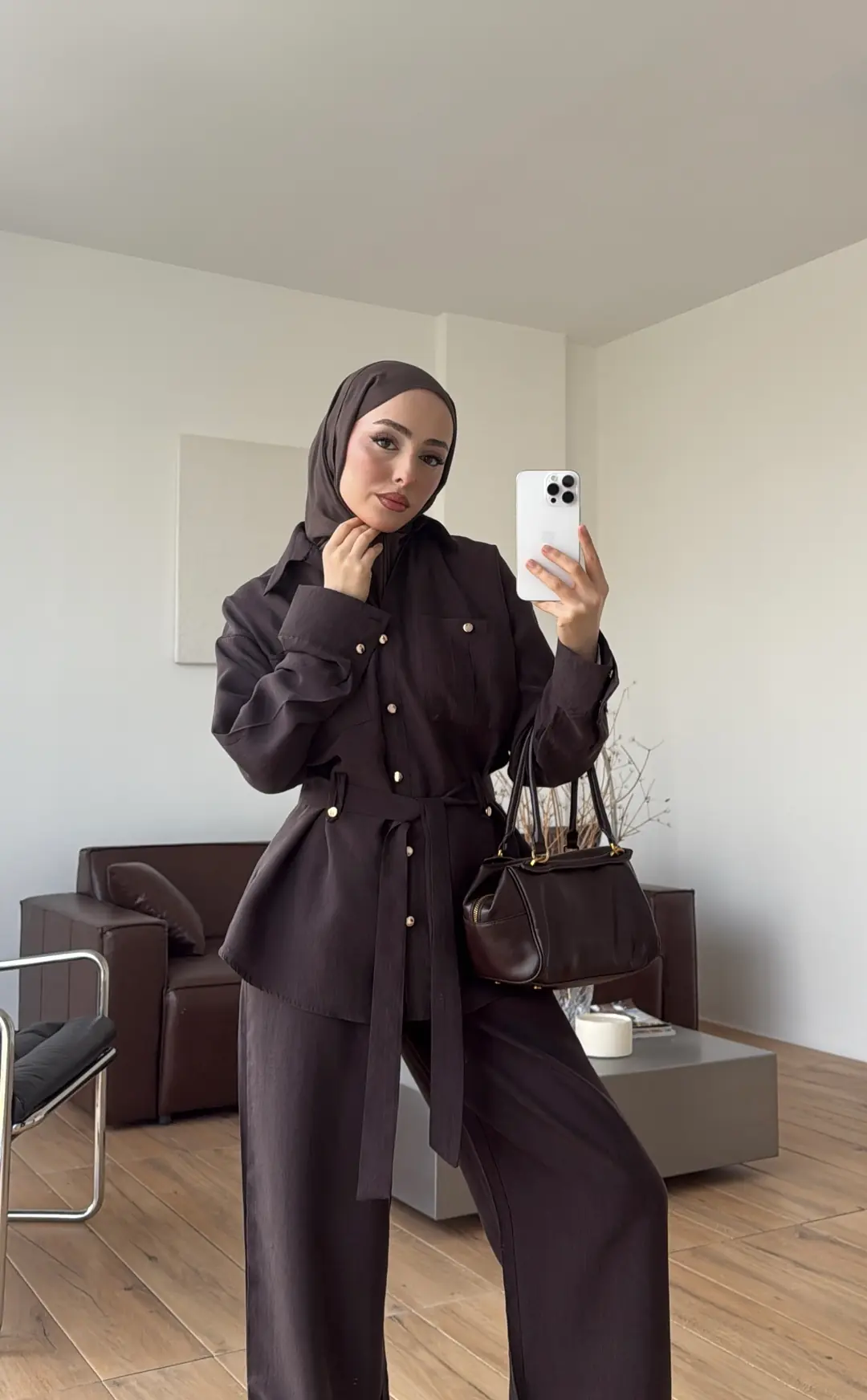 Tencel Bağlamalı Gömlek Pantolon Takım Kahve