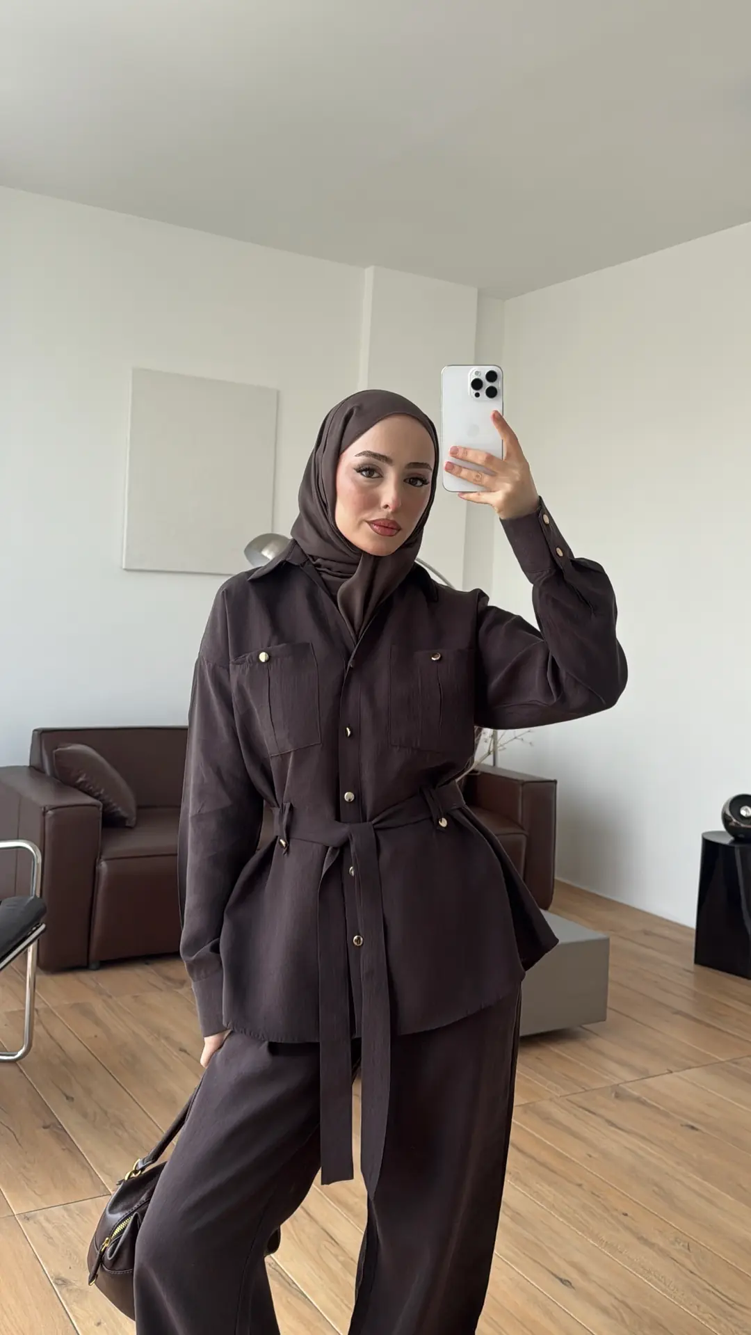 Tencel Bağlamalı Gömlek Pantolon Takım Kahve