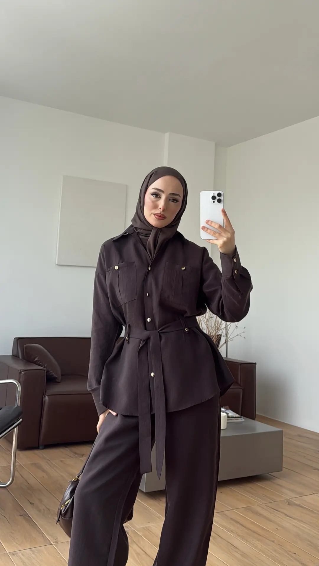 Tencel Bağlamalı Gömlek Pantolon Takım Kahve