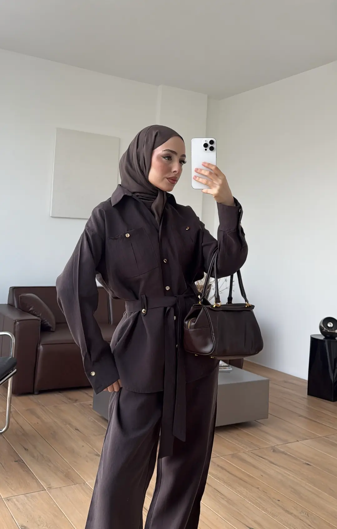 Tencel Bağlamalı Gömlek Pantolon Takım Kahve