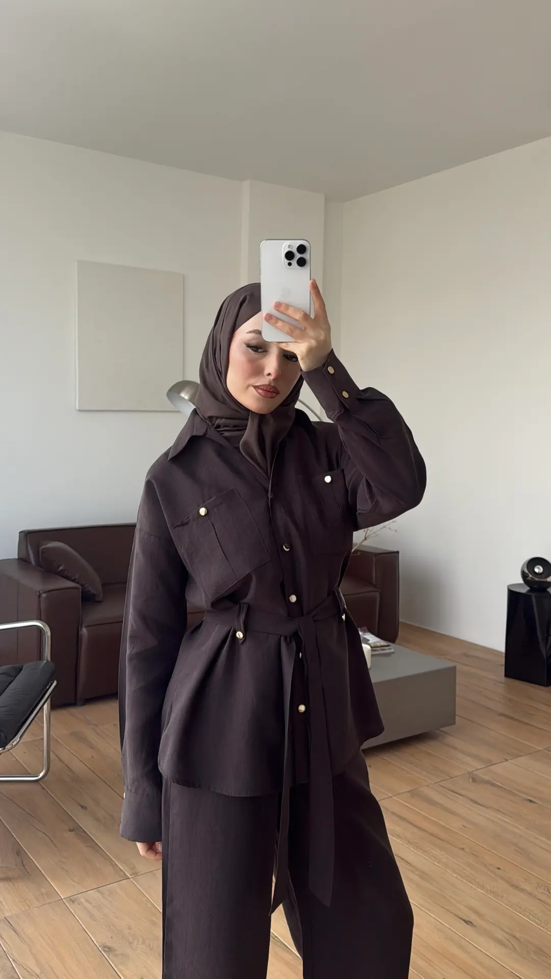 Tencel Bağlamalı Gömlek Pantolon Takım Kahve
