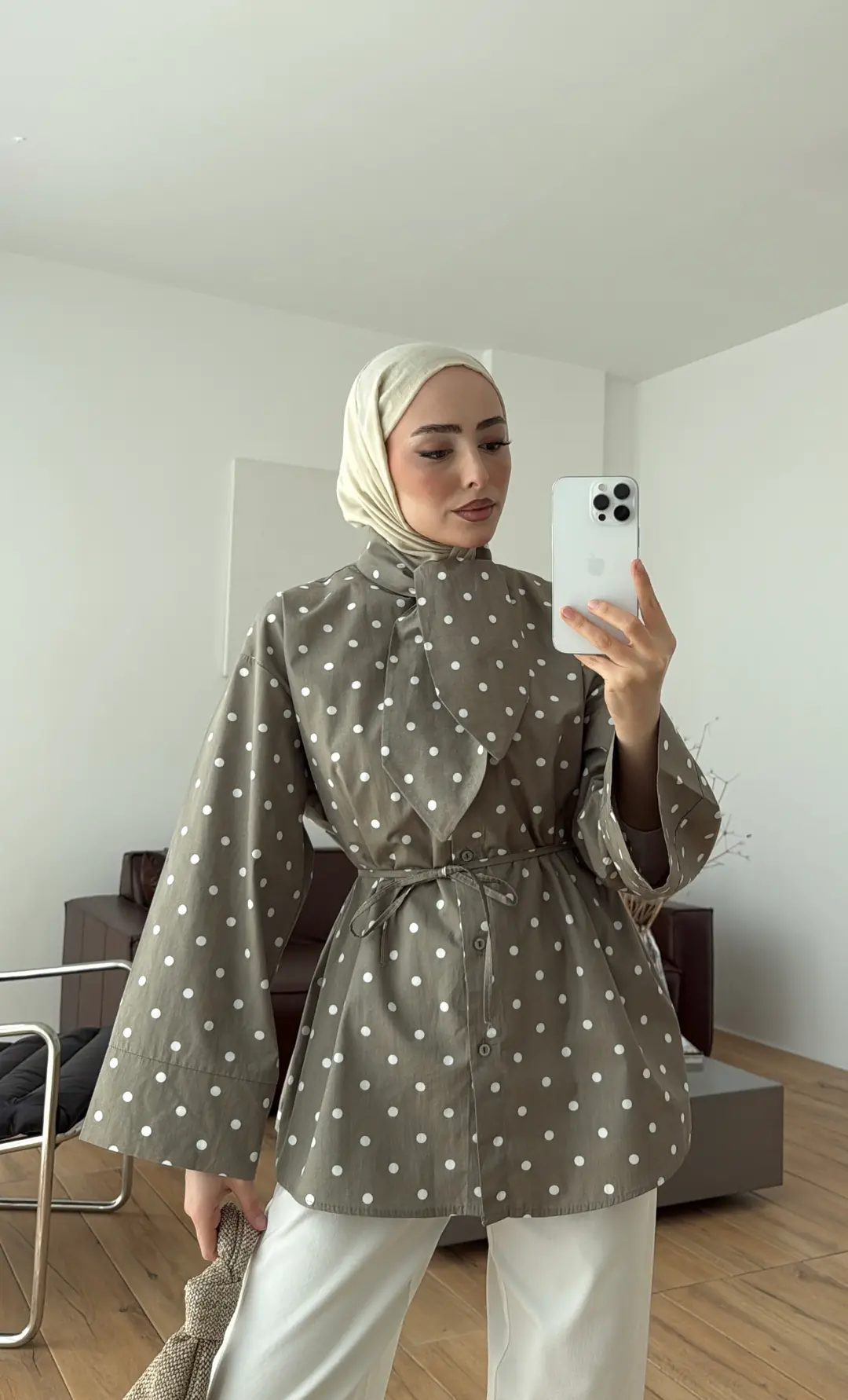 Puantiyeli Bagcıklı Gömlek Çağla