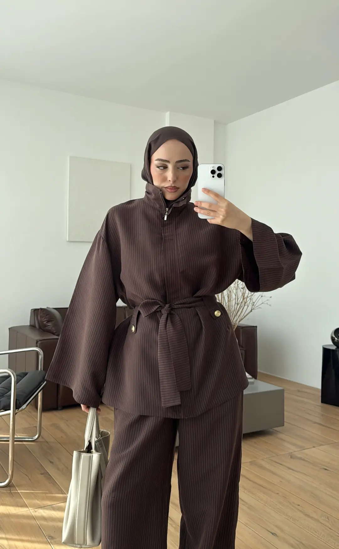 Fermuarlı Dik Yaka Takım Kahve