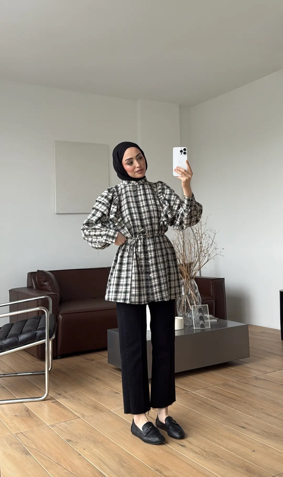 Bağcıklı Ekose Gömlek Bej/Siyah