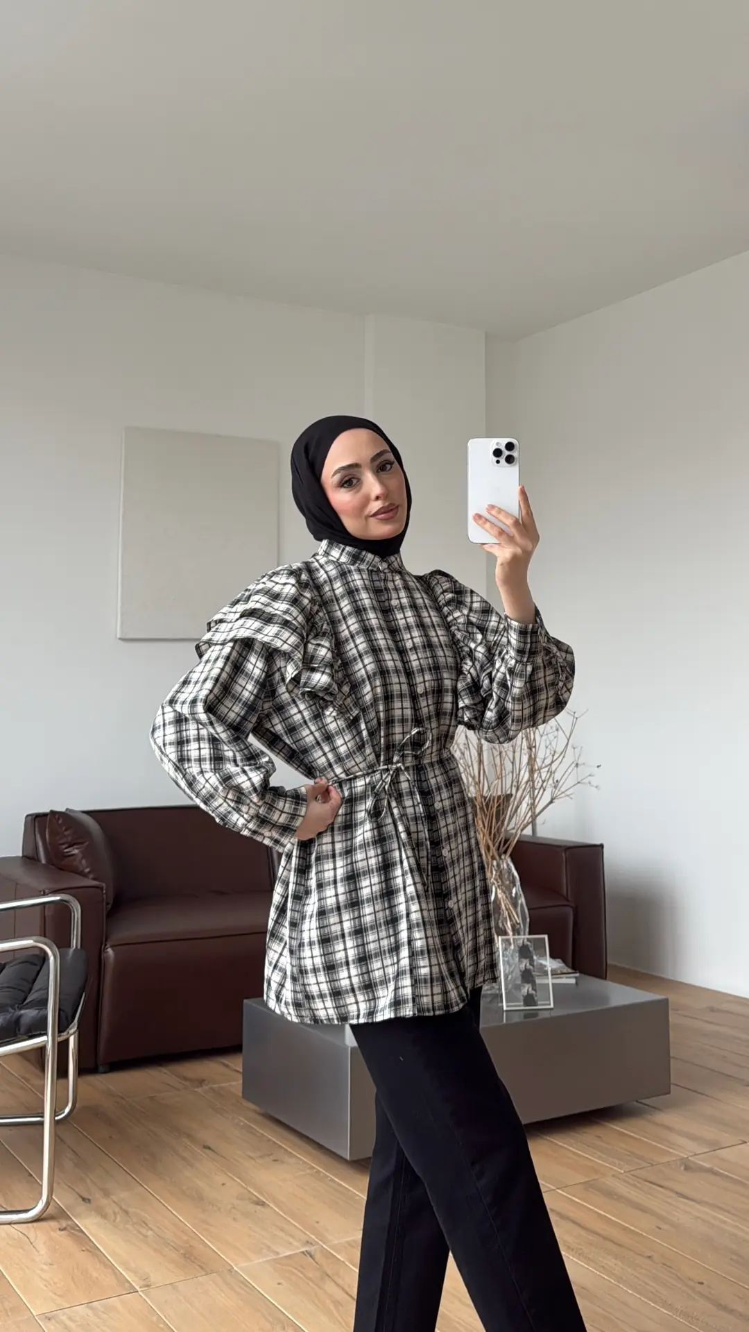 Bağcıklı Ekose Gömlek Bej/Siyah