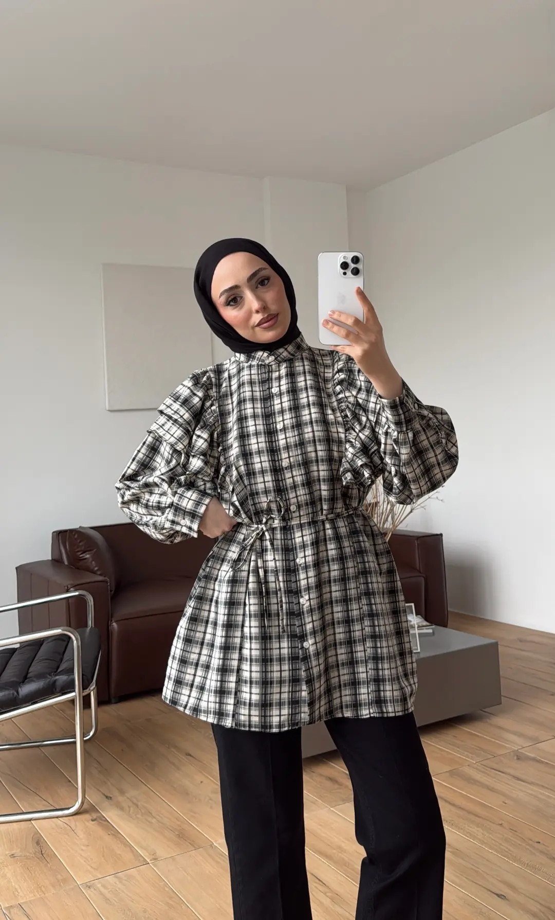 Bağcıklı Ekose Gömlek Bej/Siyah