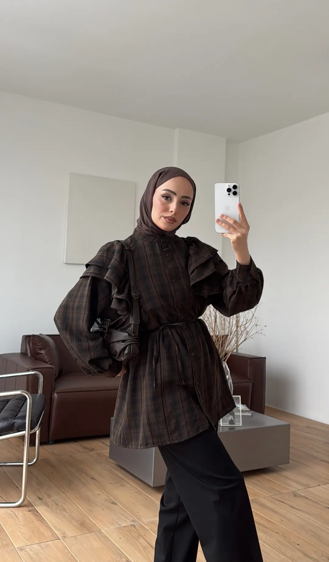 Bağcıklı Ekose Gömlek Siyah/Kahve