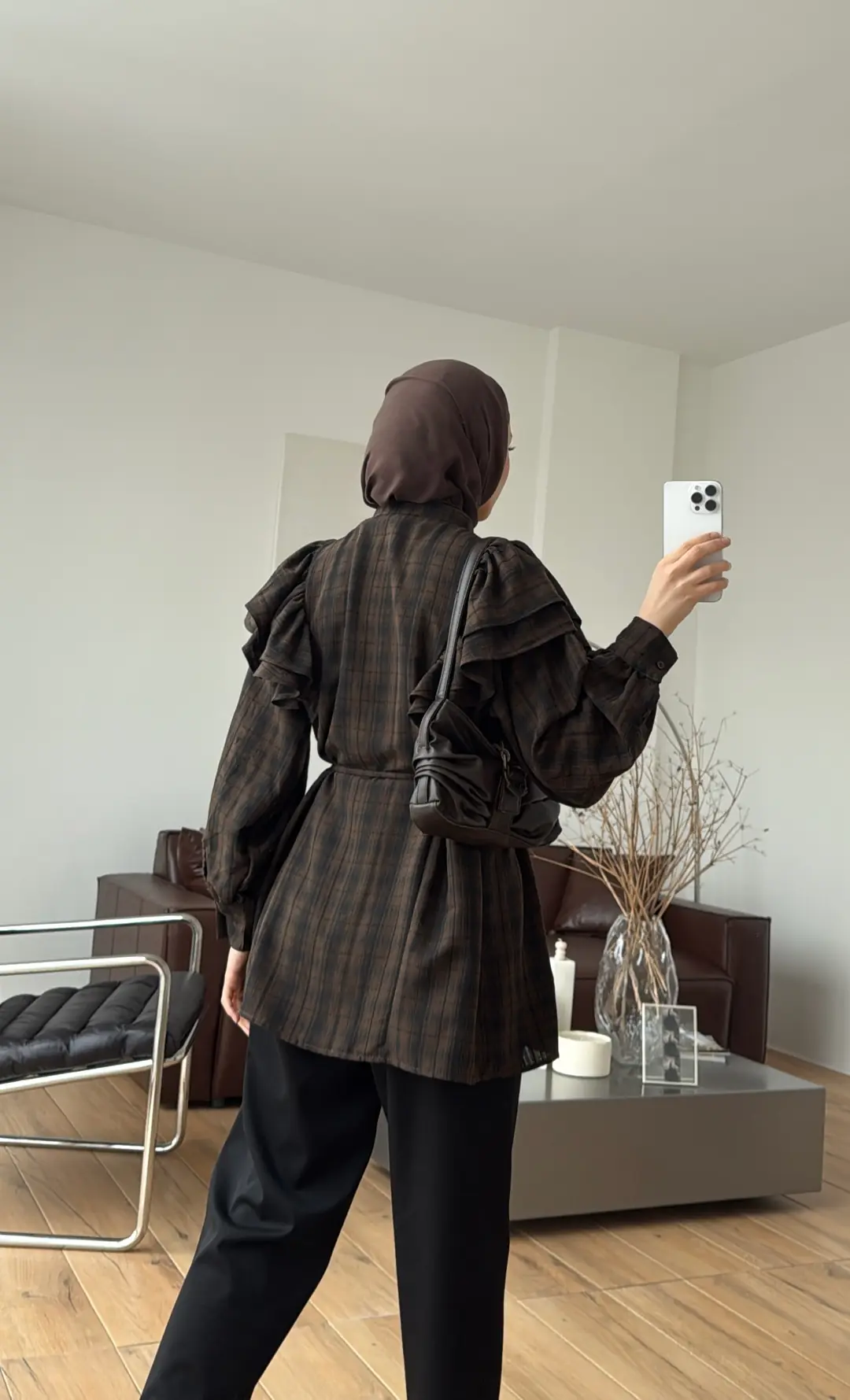 Bağcıklı Ekose Gömlek Siyah/Kahve