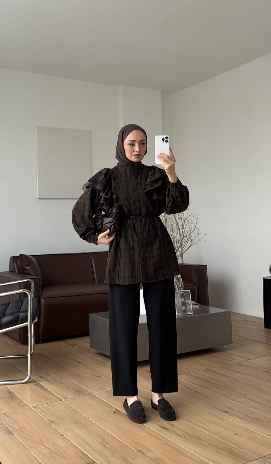 Bağcıklı Ekose Gömlek Siyah/Kahve