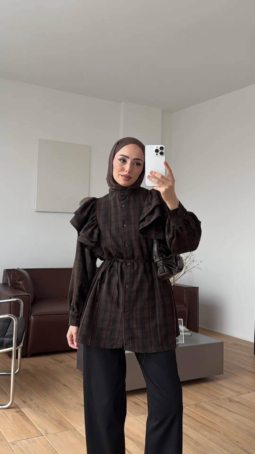 Bağcıklı Ekose Gömlek Siyah/Kahve