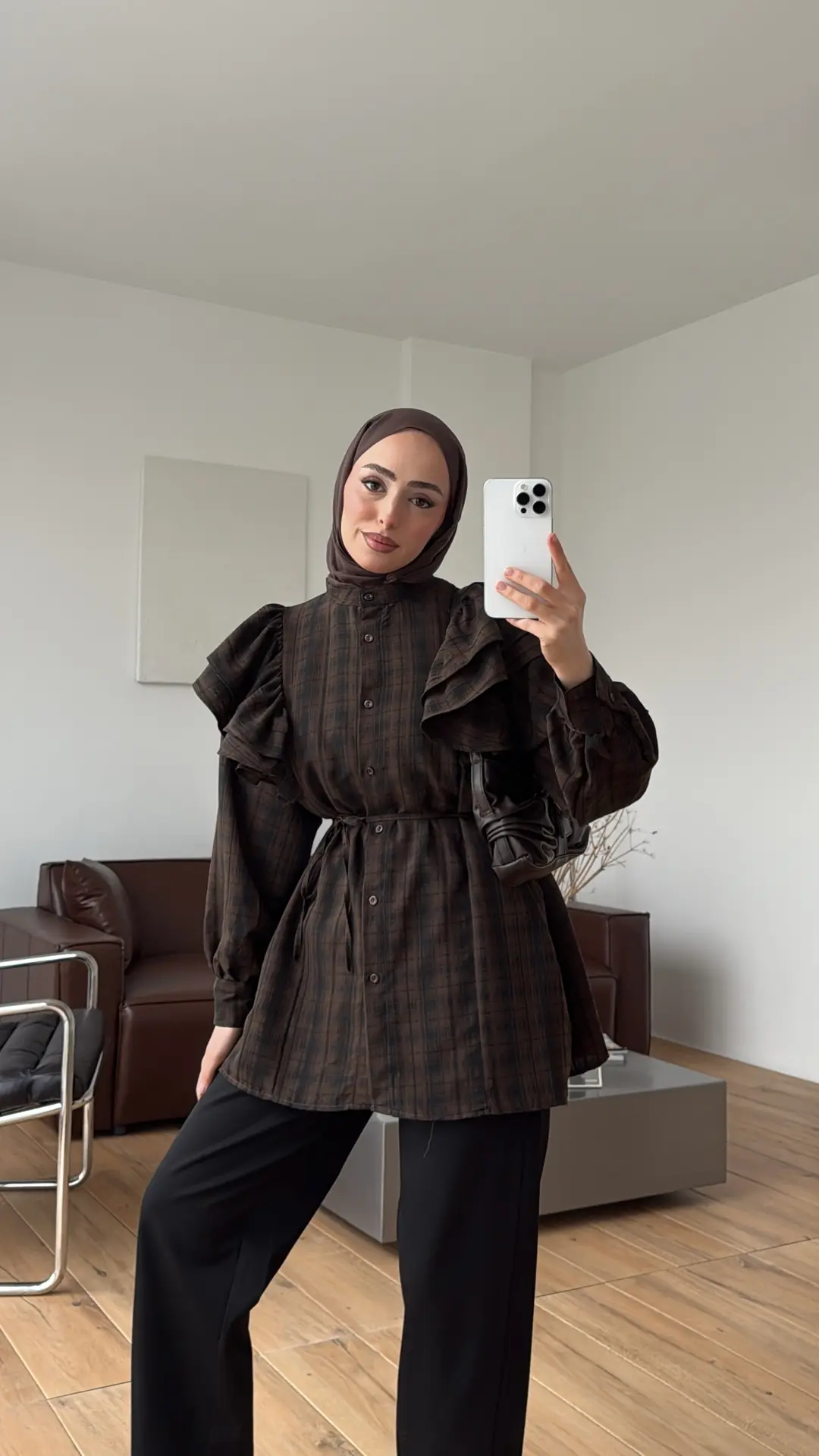 Bağcıklı Ekose Gömlek Siyah/Kahve