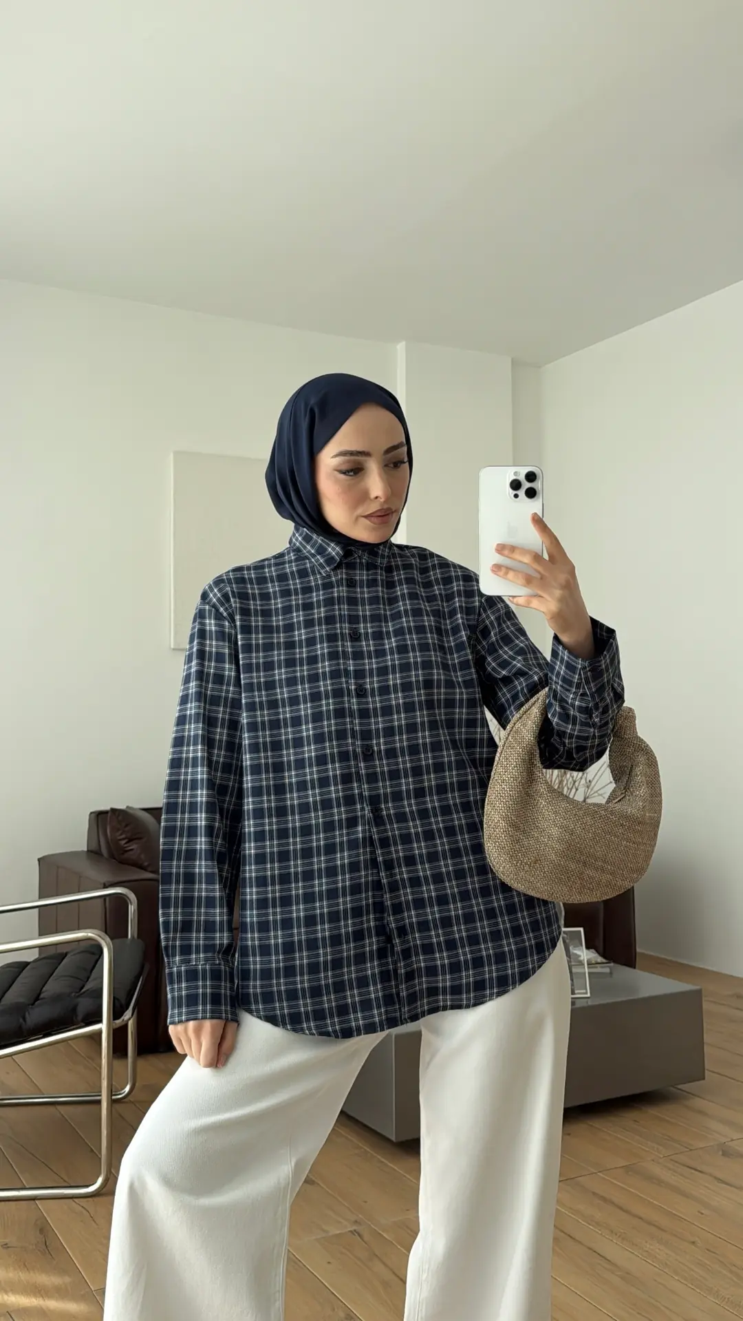 Şal Detaylı Gömlek Lacivert/Beyaz