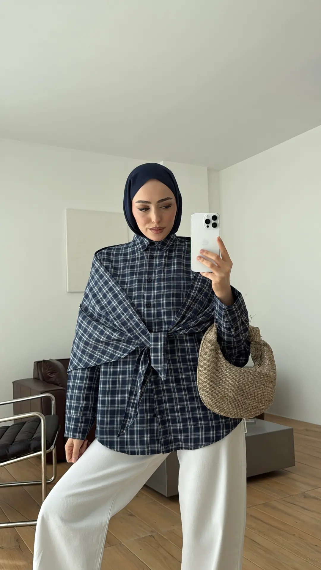 Şal Detaylı Gömlek Lacivert/Beyaz