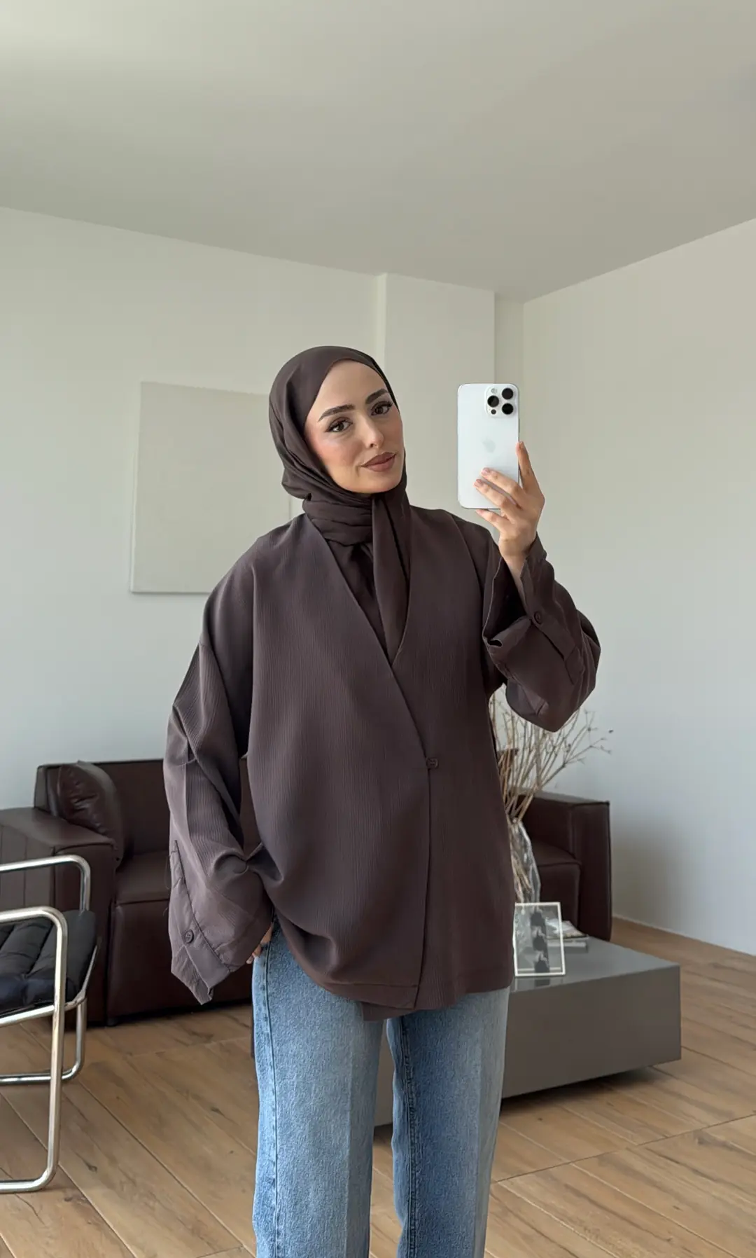 Yandan Düğmeli Kimono Kahve