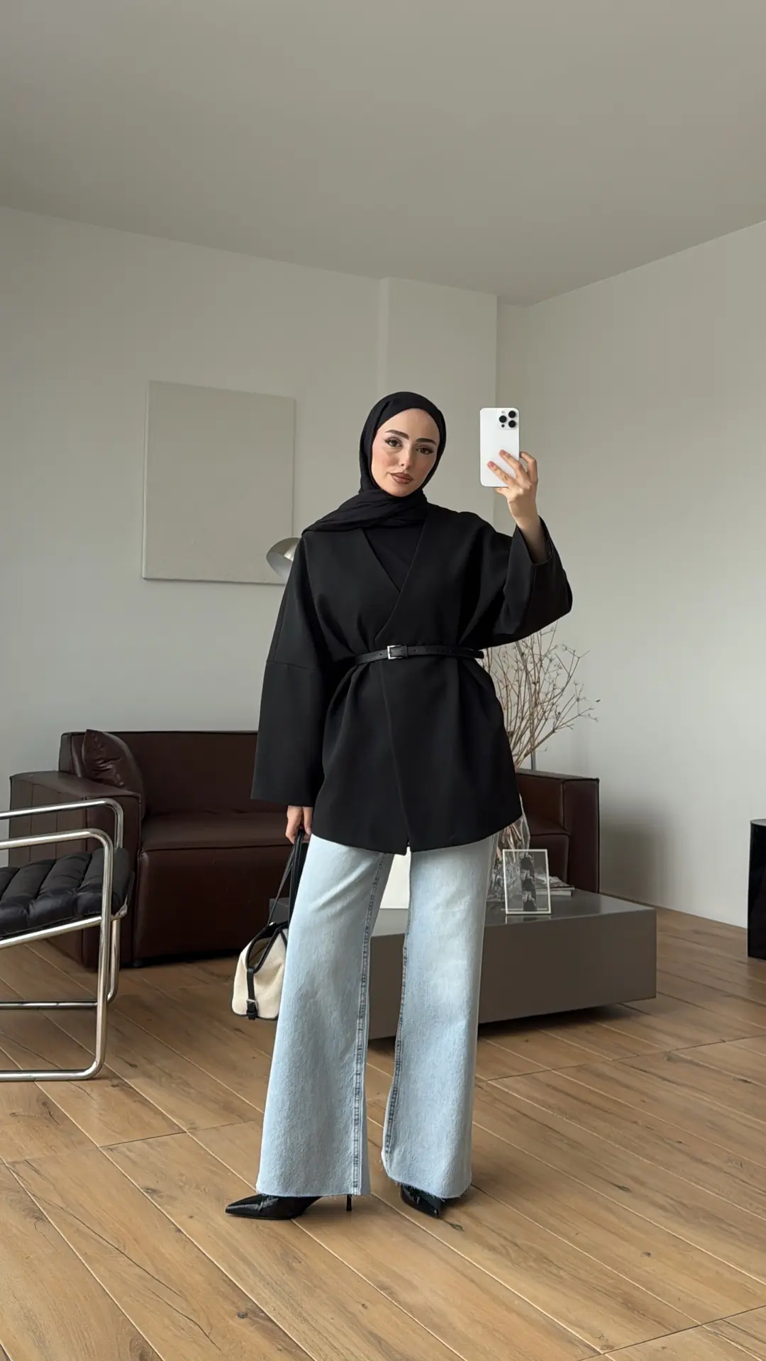 Deri Kemer Detay Oversize Ceket Siyah