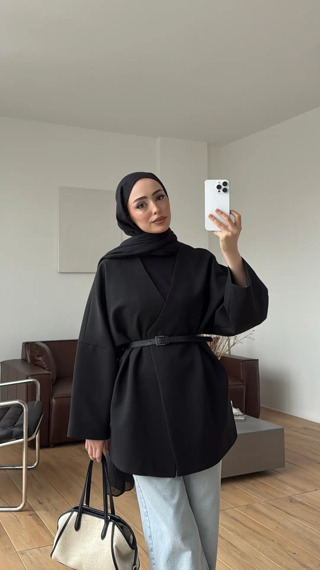 Deri Kemer Detay Oversize Ceket Siyah