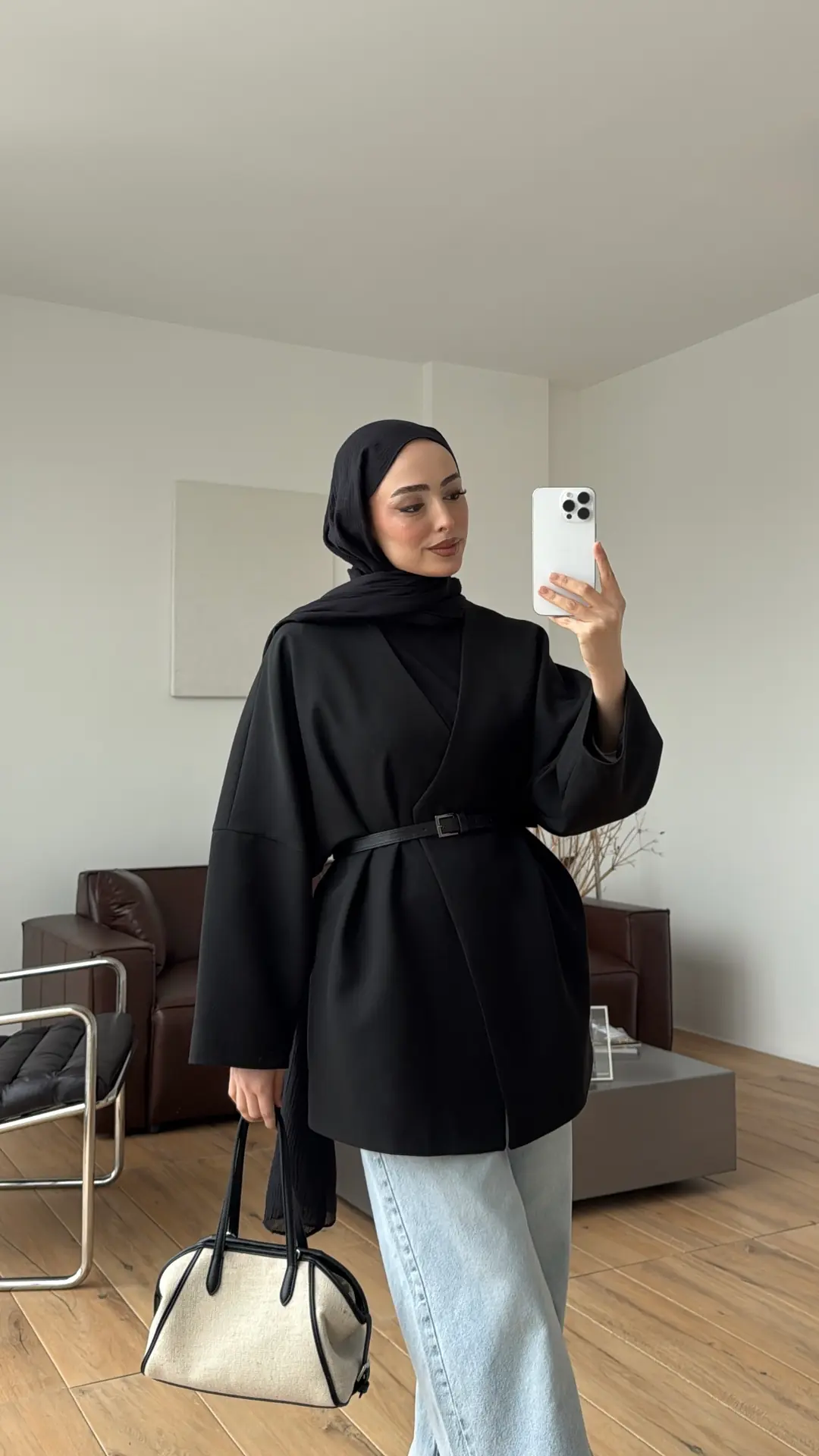 Deri Kemer Detay Oversize Ceket Siyah