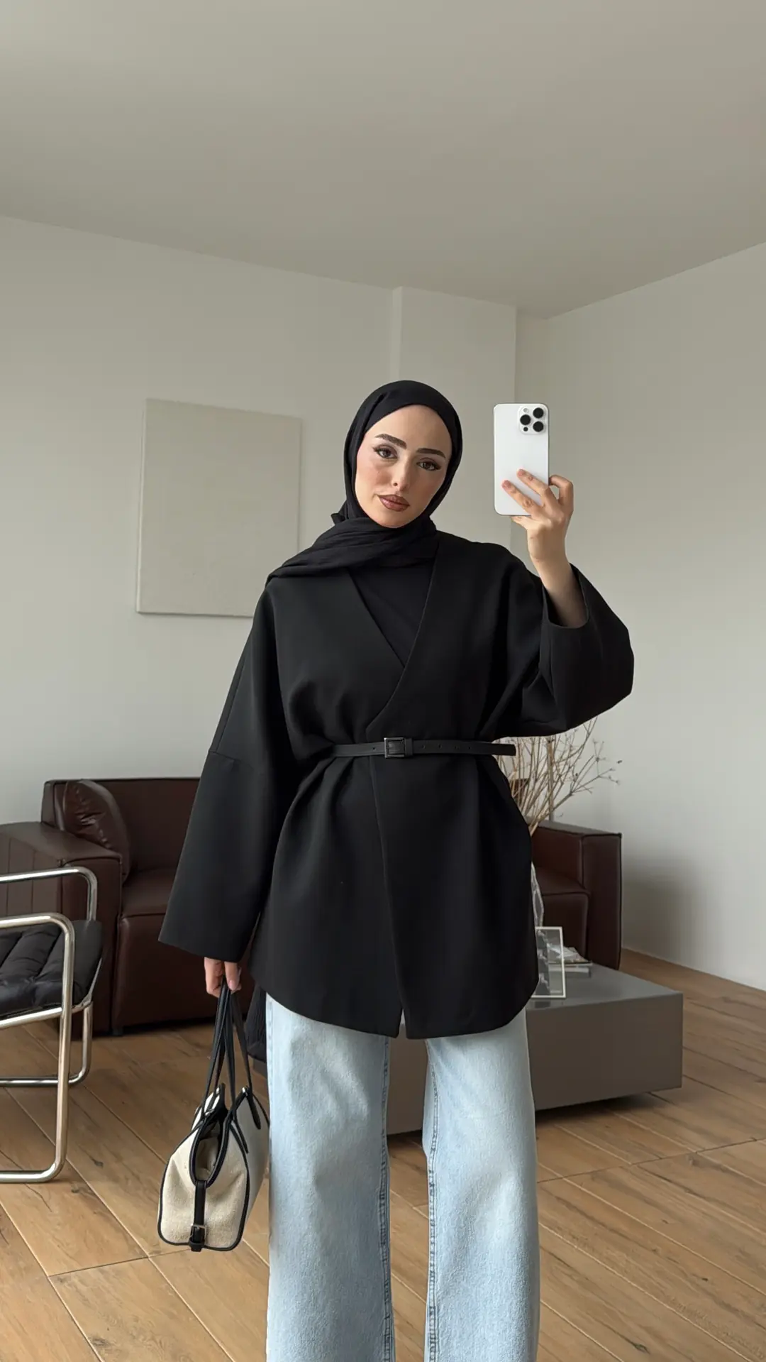 Deri Kemer Detay Oversize Ceket Siyah