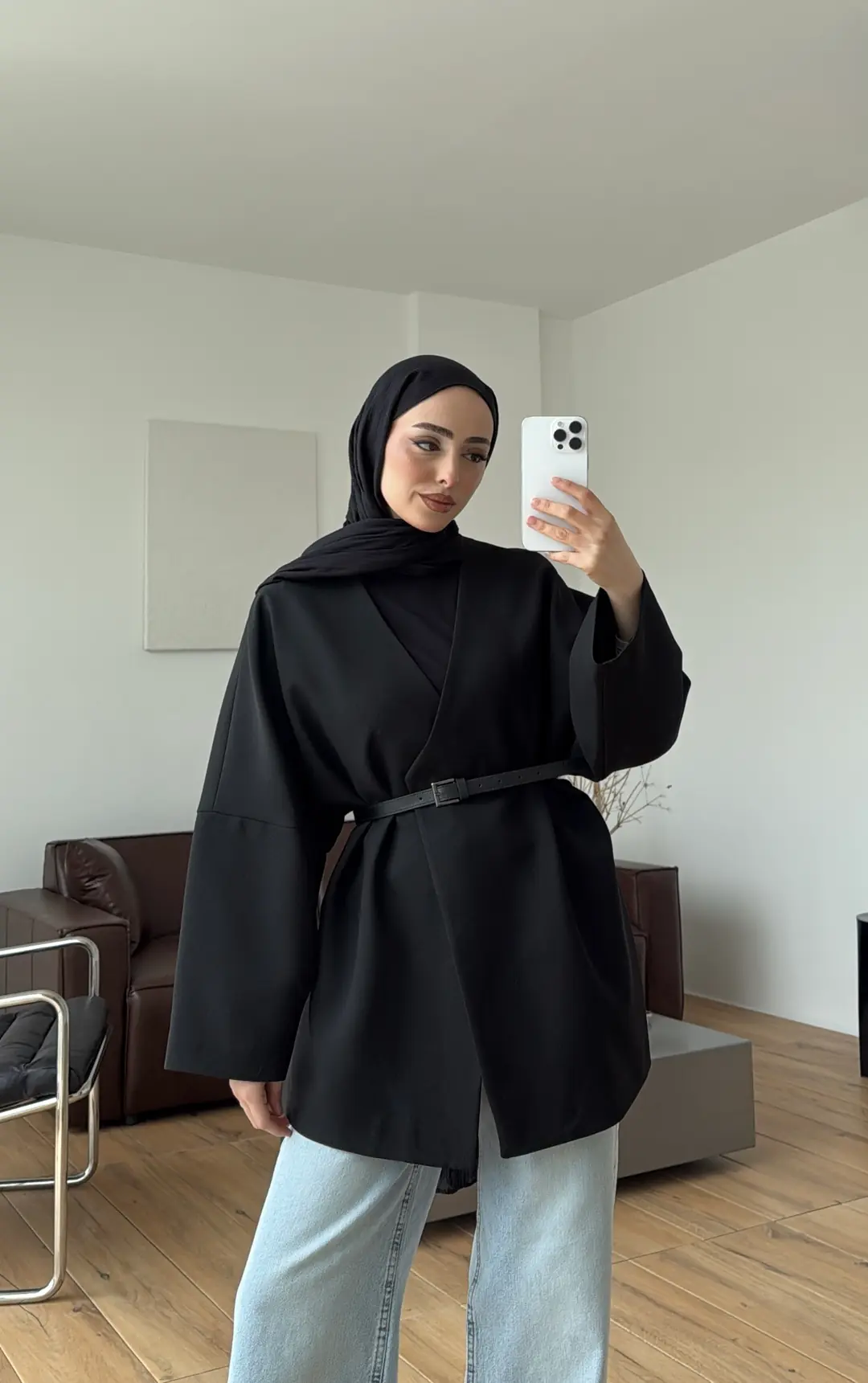 Deri Kemer Detay Oversize Ceket Siyah